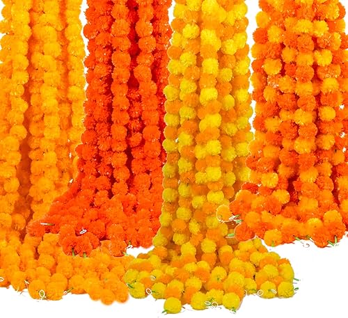 Miniatura 1 de Guirnalda de caléndula para decoración, 20 hebras de 5 pies de largo, flores artificiales de caléndula naranja, fiestas de boda, decoración india