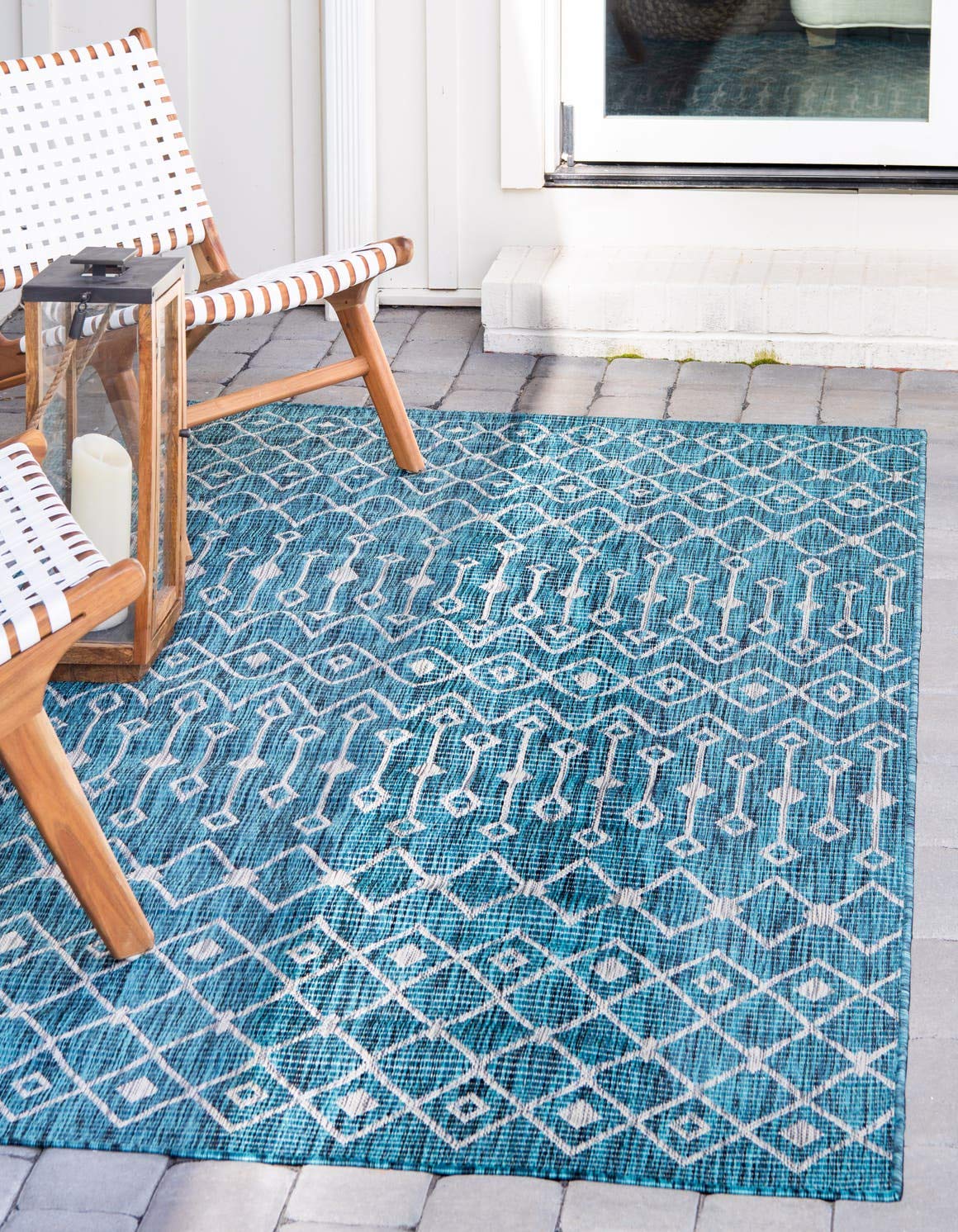Unique Loom Outdoor Trellis Collection Area Rug - Tribal Trellis (9' x 12' Rectangle, Teal/ Ivory)