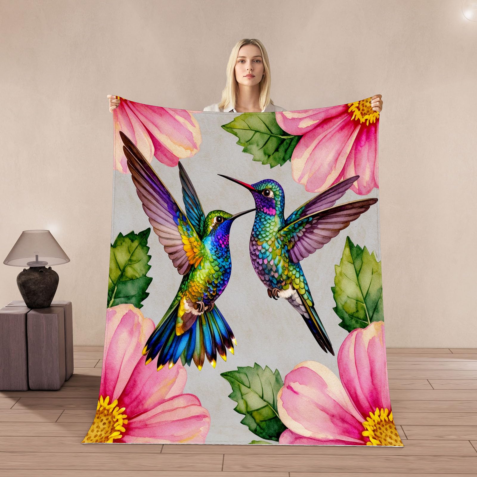 Couverture colibri douce et chaude : plaid en flanelle fleurs et oiseaux pour des nuits douillettes