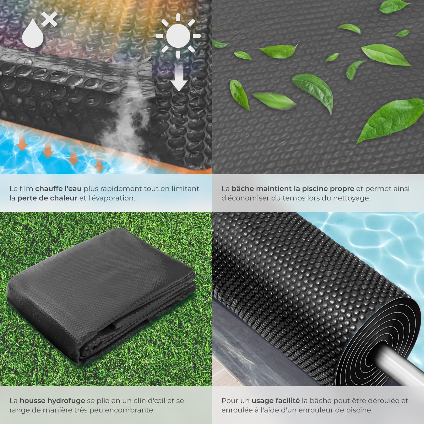 tectake® Bâche chauffante Piscine Rectangulaire 5x8 m Noir Bâche de Protection & Chauffage Piscine Hors Sol Spa Piscines tubulaires, Adaptable à la Taille souhaitée, Chauffage Solaire