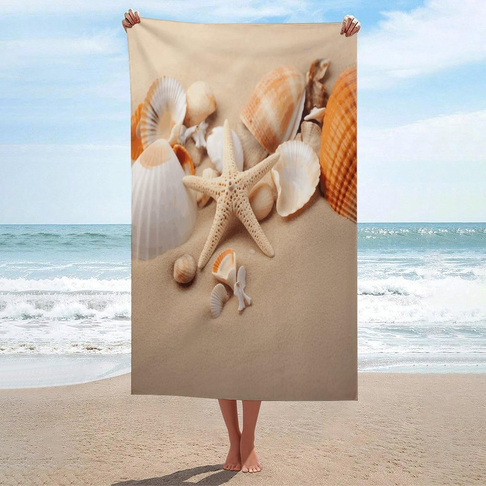 Adfgyerh Unisex Style Seashells Starfish On The Sand Bath Towels Beach Towel Lightweight Quick Dry, Bath Towel For Travel Sports Pool Swimming Bath Camping Yoga Adults130x80cm