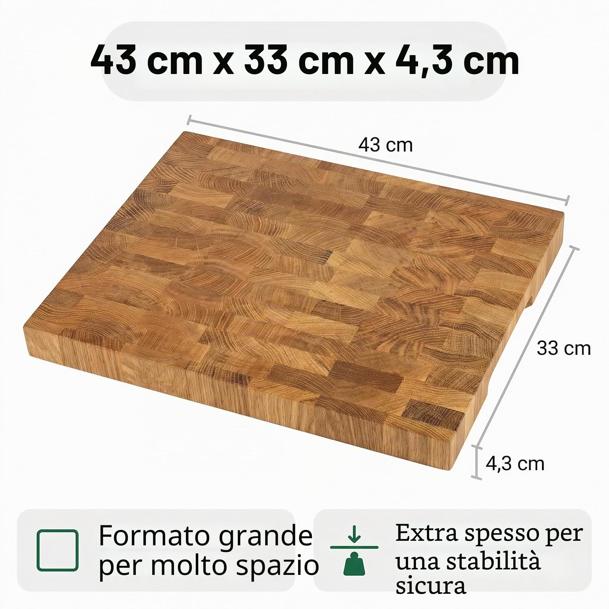 B4K® Tagliere in legno di quercia 43x33x4,3 cm | Con maniglie e piedini in silicone | Antibatterico e oliato | Tagliere da cucina artigianale