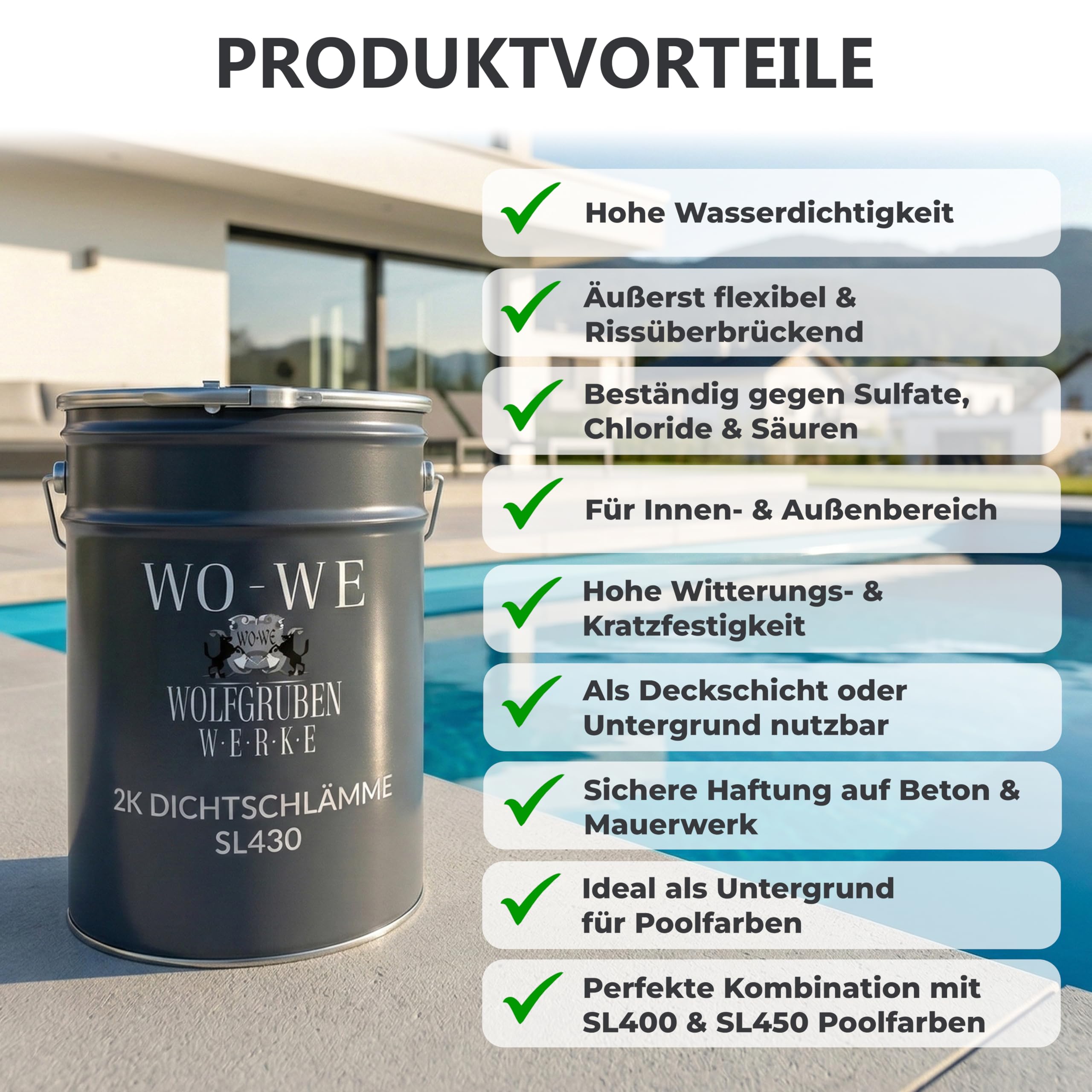 WO-WE 2K Dichtschlämme Schwimmbad Pool Außenbereich Betonbecken abdichten Bodenbeschichtung Grau 10KG