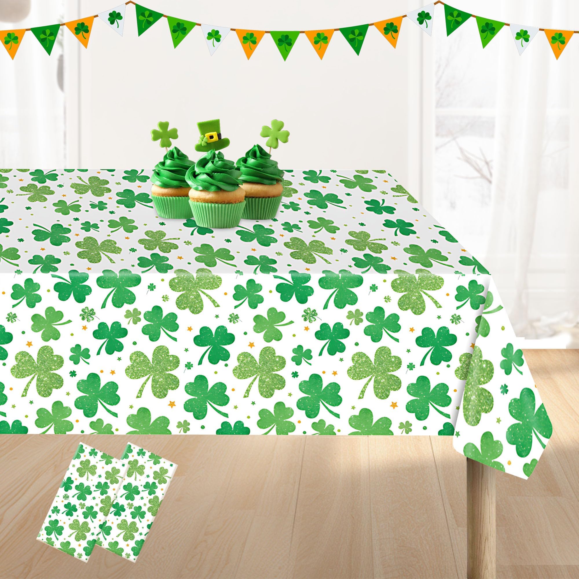 St. Patrick's Day Plastic Tablecloth: 137×274CM Irish Lucky Green Assorted Shamrock Clover Disposable Rectangle Table Cloth Cover for Saint Patrick's Day Dinner Table Decor Party Supplies(2 Pcs)