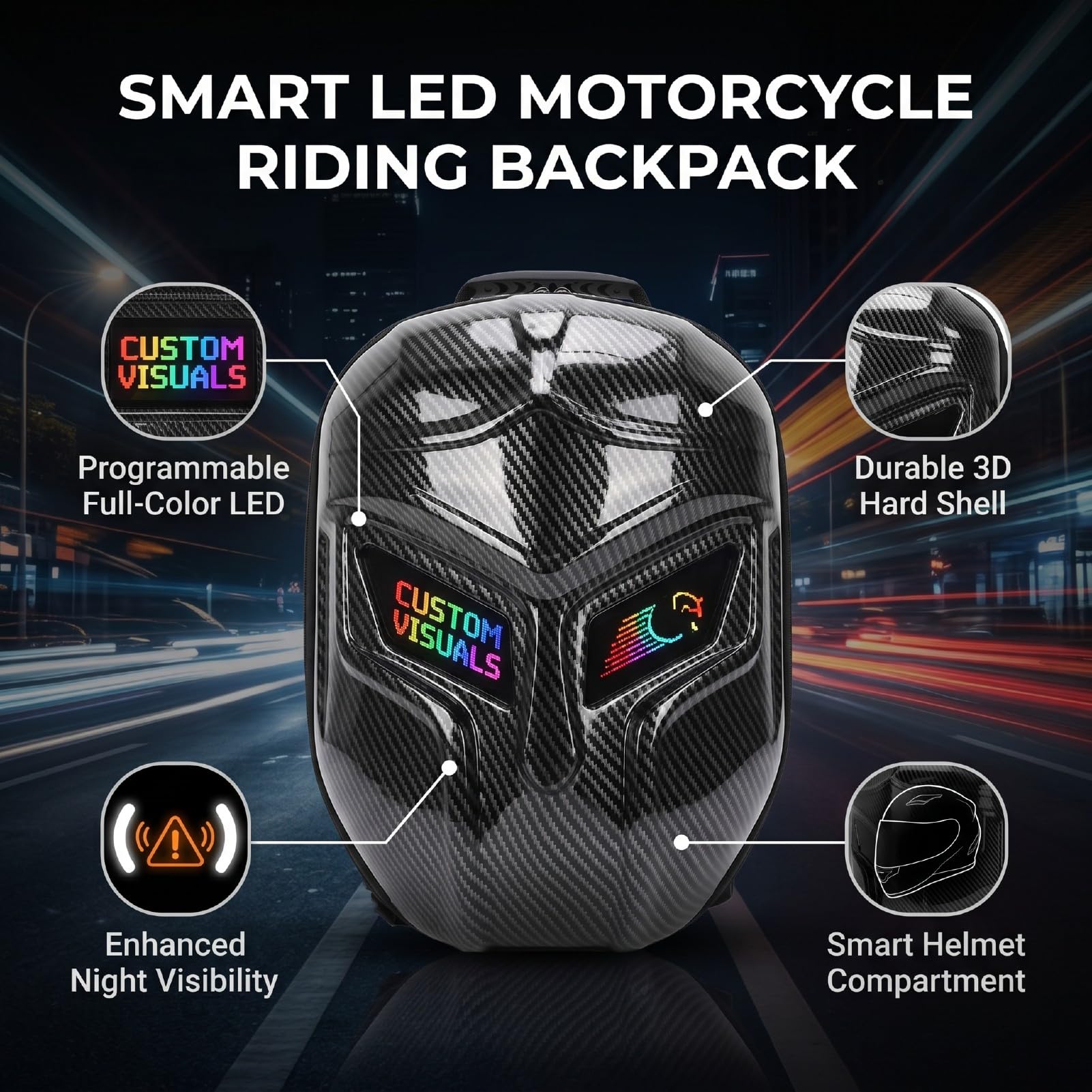 SEAFRONT Zaini Moto per Uomo, Zaino LED Intelligente Controllato da App, Display Programmabile, Guscio Rigido, Borsa per Laptop con Strisce Riflettenti per Ciclismo, Viaggio e Outdoor