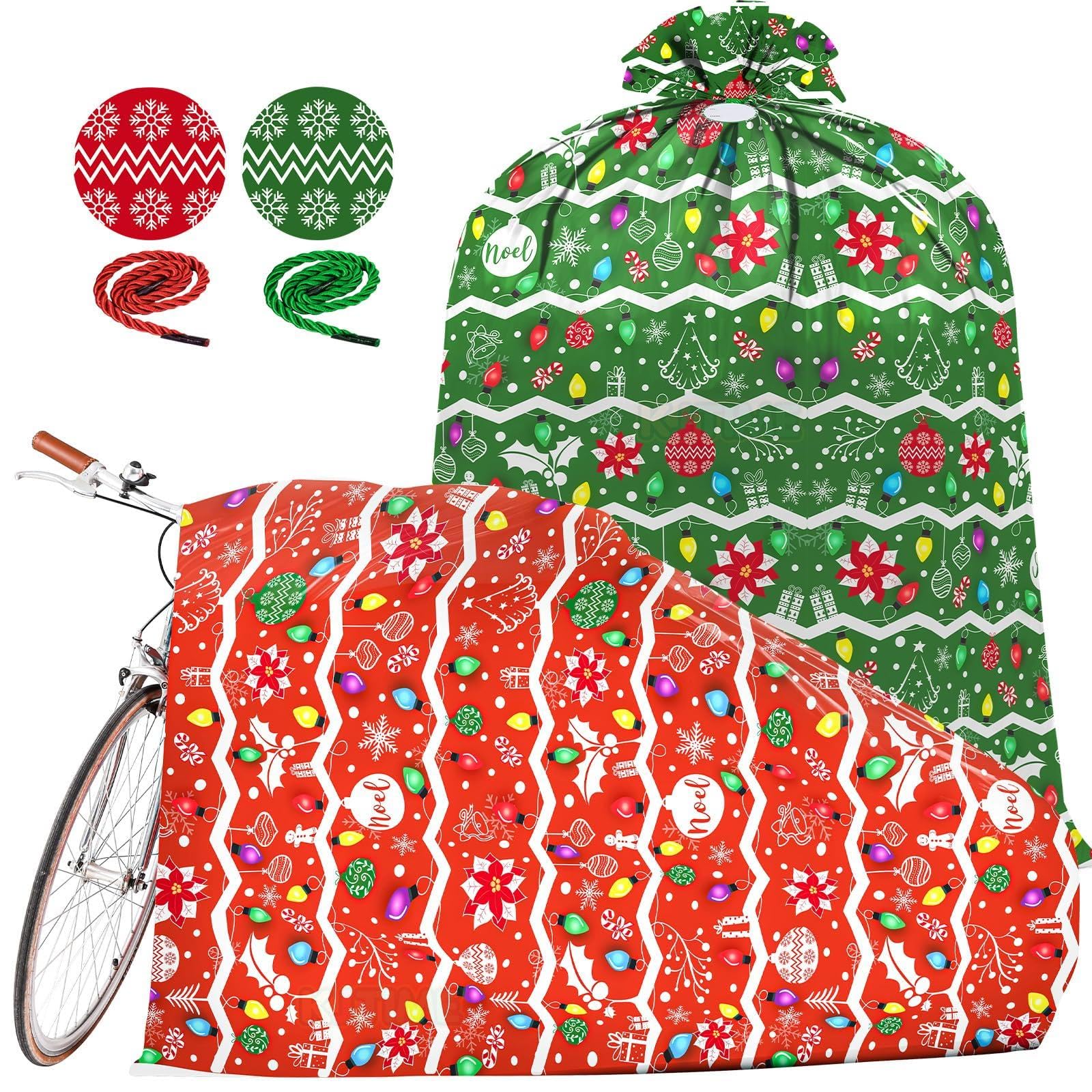 2 Pcs Extra Large Christmas Plastic Gift Bags 60"×80" Xmas Jumbo Green and Red Present Bag Gift Bicycle Wrapping Bag For Xmas Themed Birthday Party Favors Supplies Tree XXL