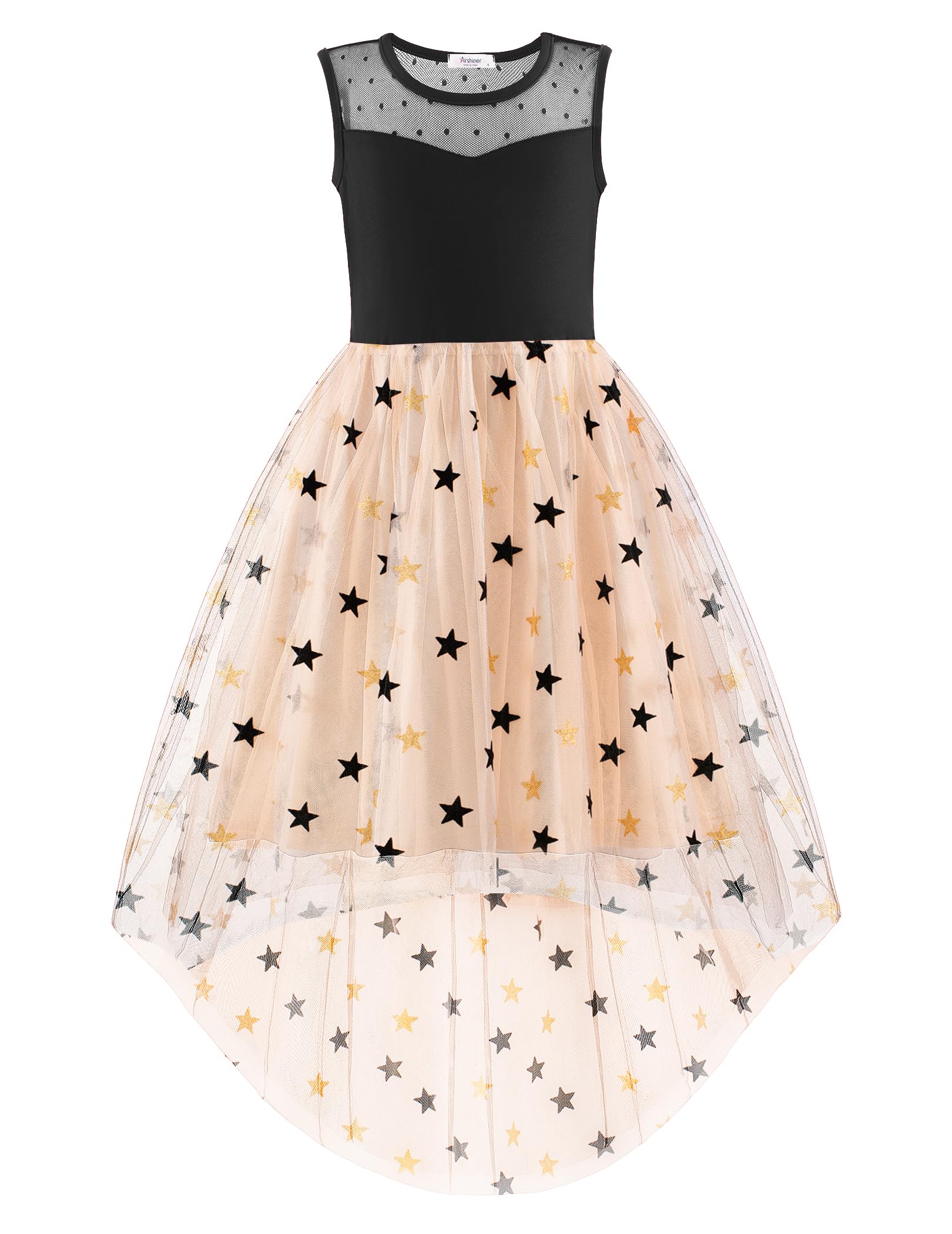 Arshiner Girls Dresses Formal Party Wedding Tulle Sleeveless Contrast Mesh High Low Dress with Belt