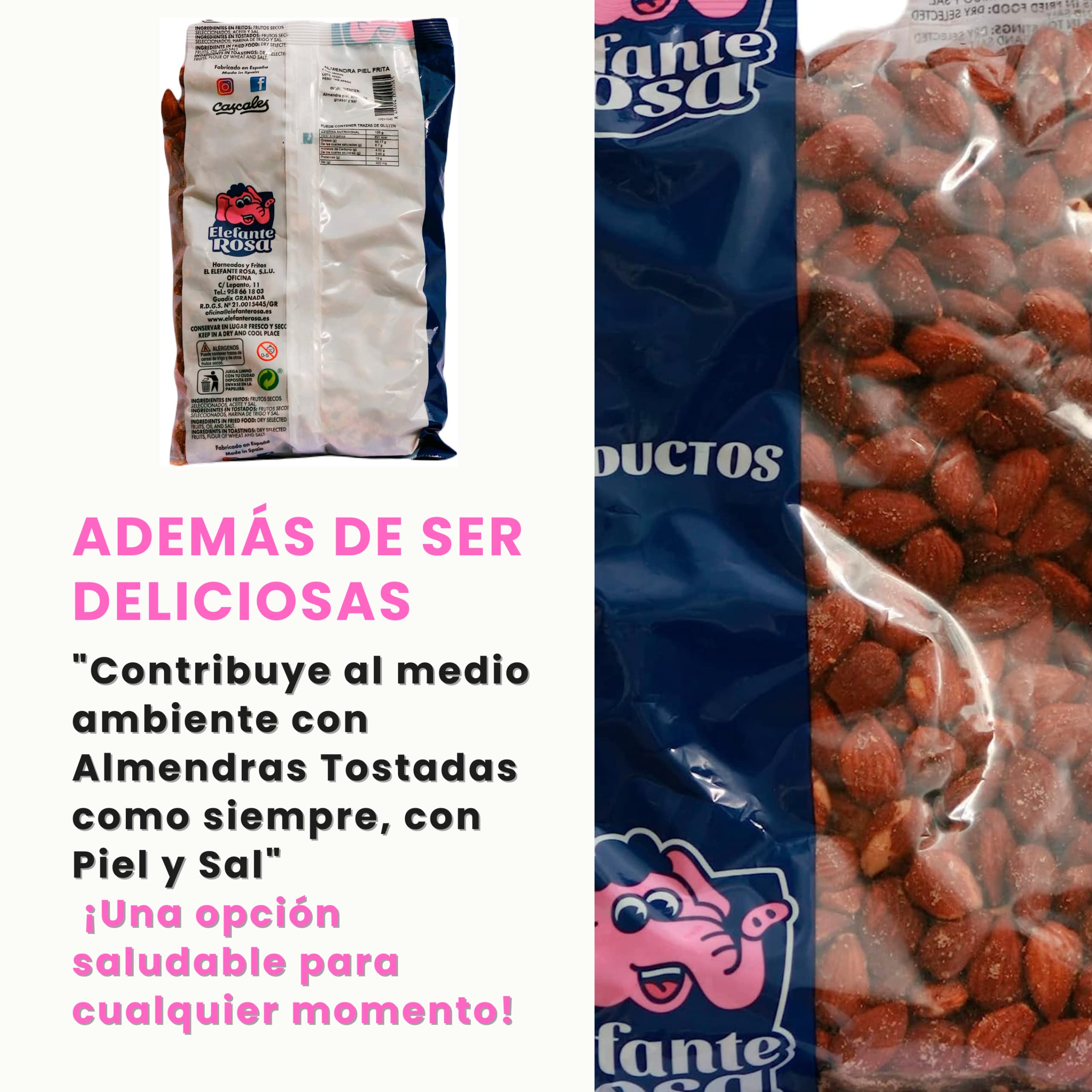 Almendras Tostadas con Piel y Sal Marina – Bolsa 1 Kg de Almendras Fritas El Elefante Rosa – Snack Saludable y Crujiente de Almendras con Sal y Frutos Secos Premium