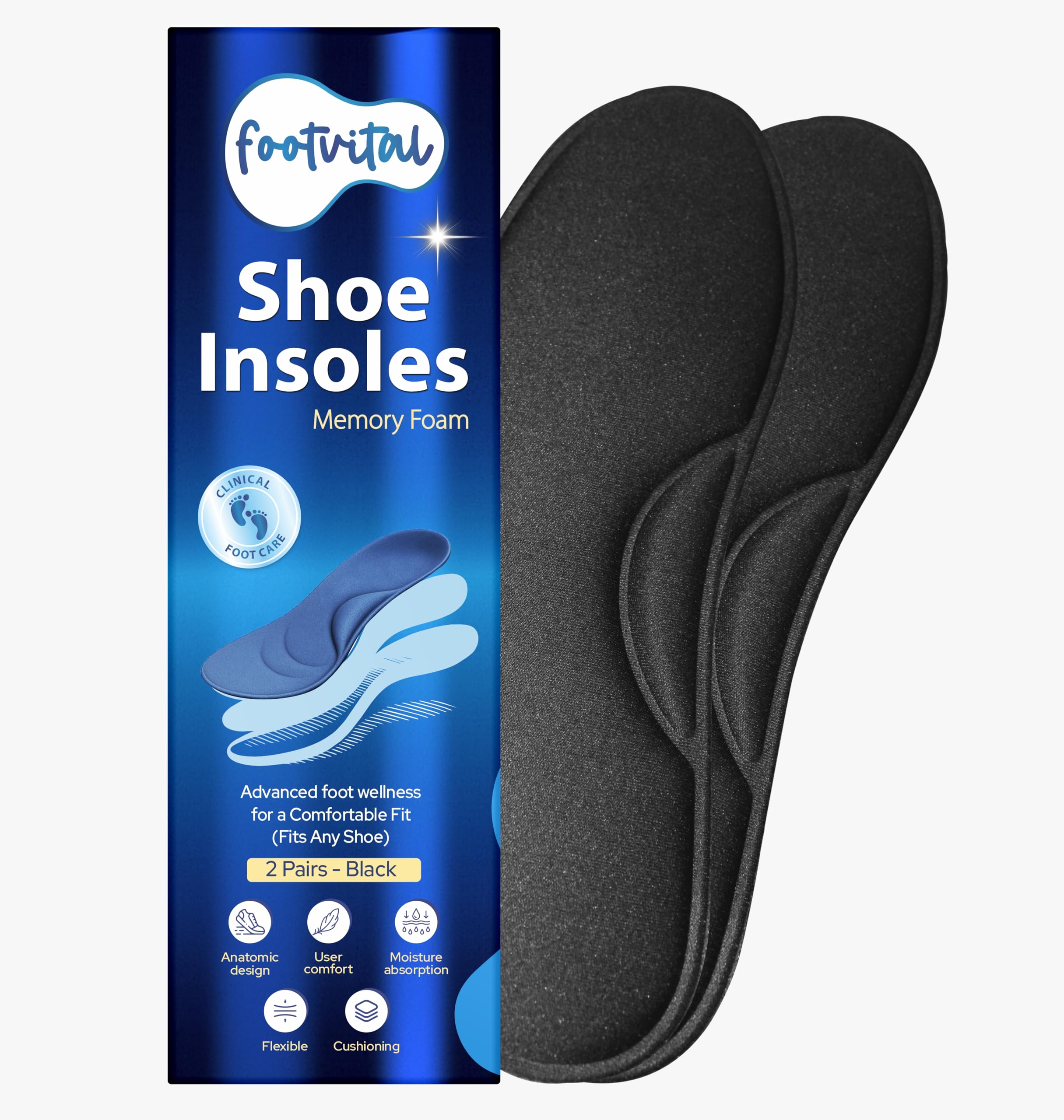 Footvital Memory Foam Shoe Insoles Comfortable Insoles Supports Heel & Arch Absorbs Foot Sweat & Moisture Ultra Soft Cushioned Lightweight Durable Washable Pads for Men & Women Black (2 Pair)(Size-6)