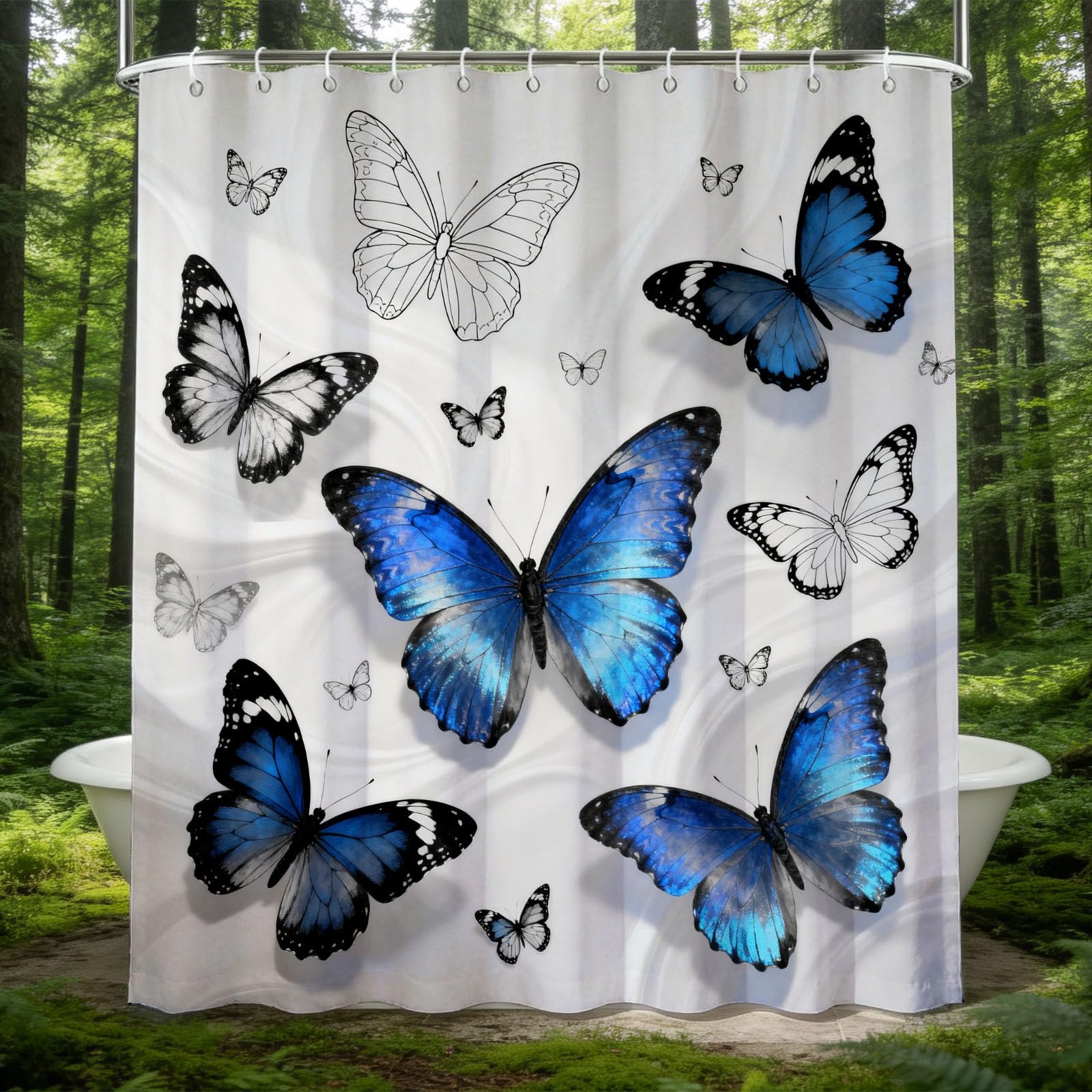 Hongduo 3D Butterfly Blue Shower Curtain for Stalls Bathtubs Chic Bathroom Decor Shower Curtain Set Polyester Fabric Waterproof 120x180cm/48X71 Inch with Hooks