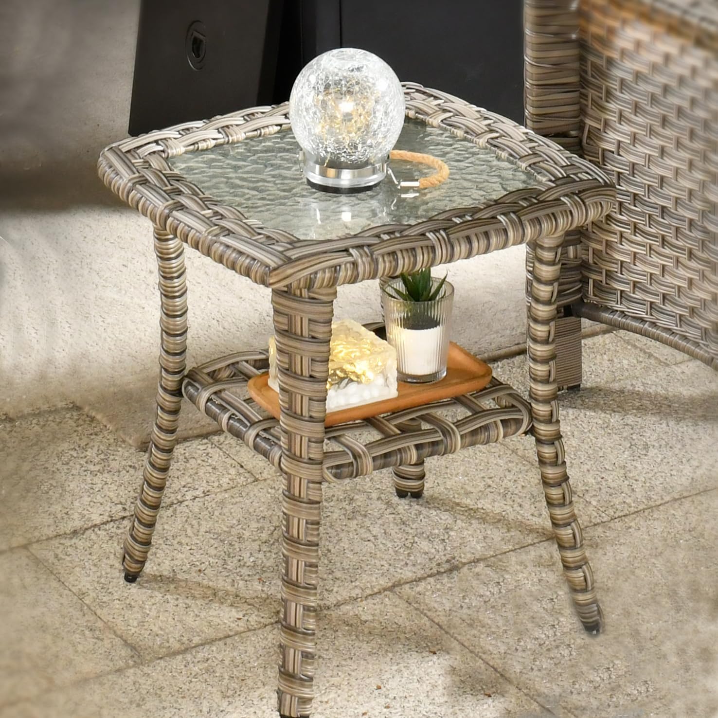 HOOOWOOO Outdoor Patio Side Table with Umbrella Hole,Wicker Coffee End Table Glass Top,Umbrella Table with 1.64" and 2" Hole for Yard,Deck,Porch,Garden(Rectangle Brown)