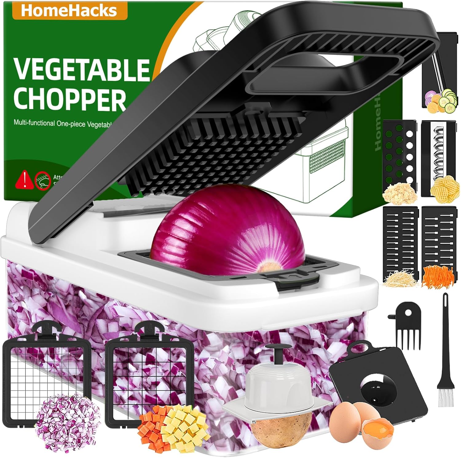 HomeHacks Vegetable Chopper Vegetable Cutter, 12 in 1 Kitchen Gadget, Dicer, Slicer, Onion Cutter, Salad, Cheese Grater & Egg Separator – Multi-Functional Veggie Chopper Lid with Handle (White) HomeHacks Vegetable Chopper Vegetable Cutter, 12 in 1 Kitchen Gadget, Dicer, Slicer, Onion Cutter, Salad, Cheese Grater & Egg Separator – Multi-Functional Veggie Chopper Lid with Handle (White)