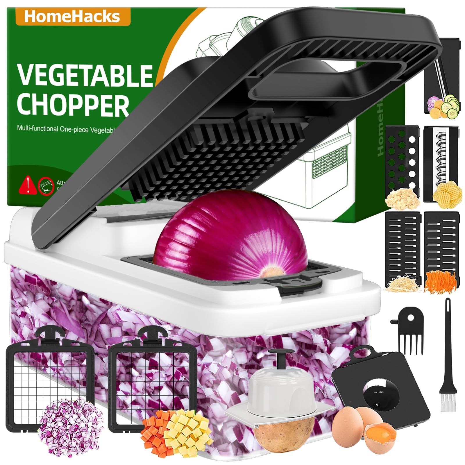homehacks vegetable chopper vegetable cutter 12 in 1 kitchen gadget dicer slicer onion cutter salad cheese grater amp egg separator - multi-functional veggie chopper lid with handle white
