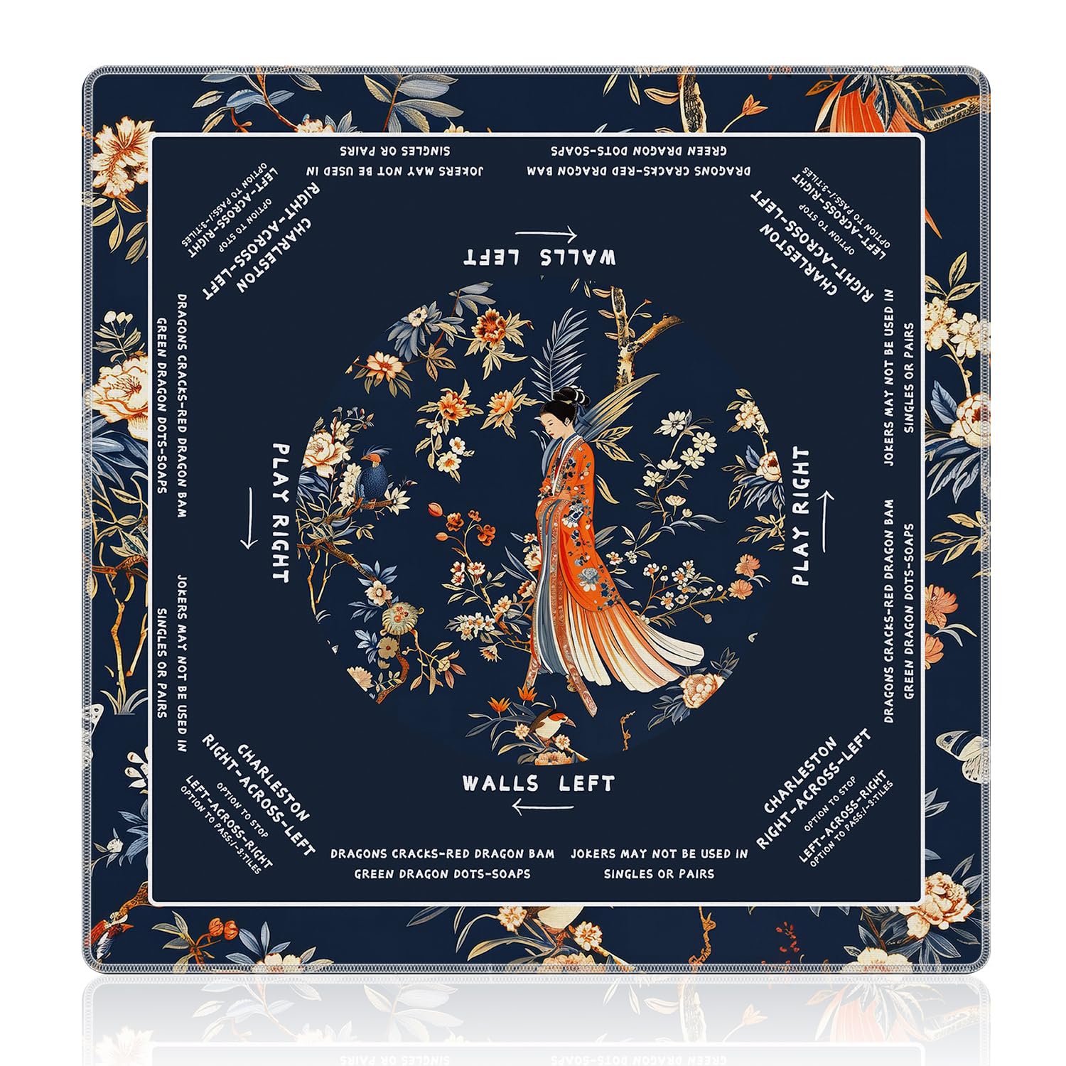 NATSUNO Navy Blue Asian Floral Mahjong Mat (31.5″x31.5″), Japan Decor Non-Slip Noise Reduction Mah Jong Table Mat for American Mah Jong Poker Board Games Card Games Dominoes