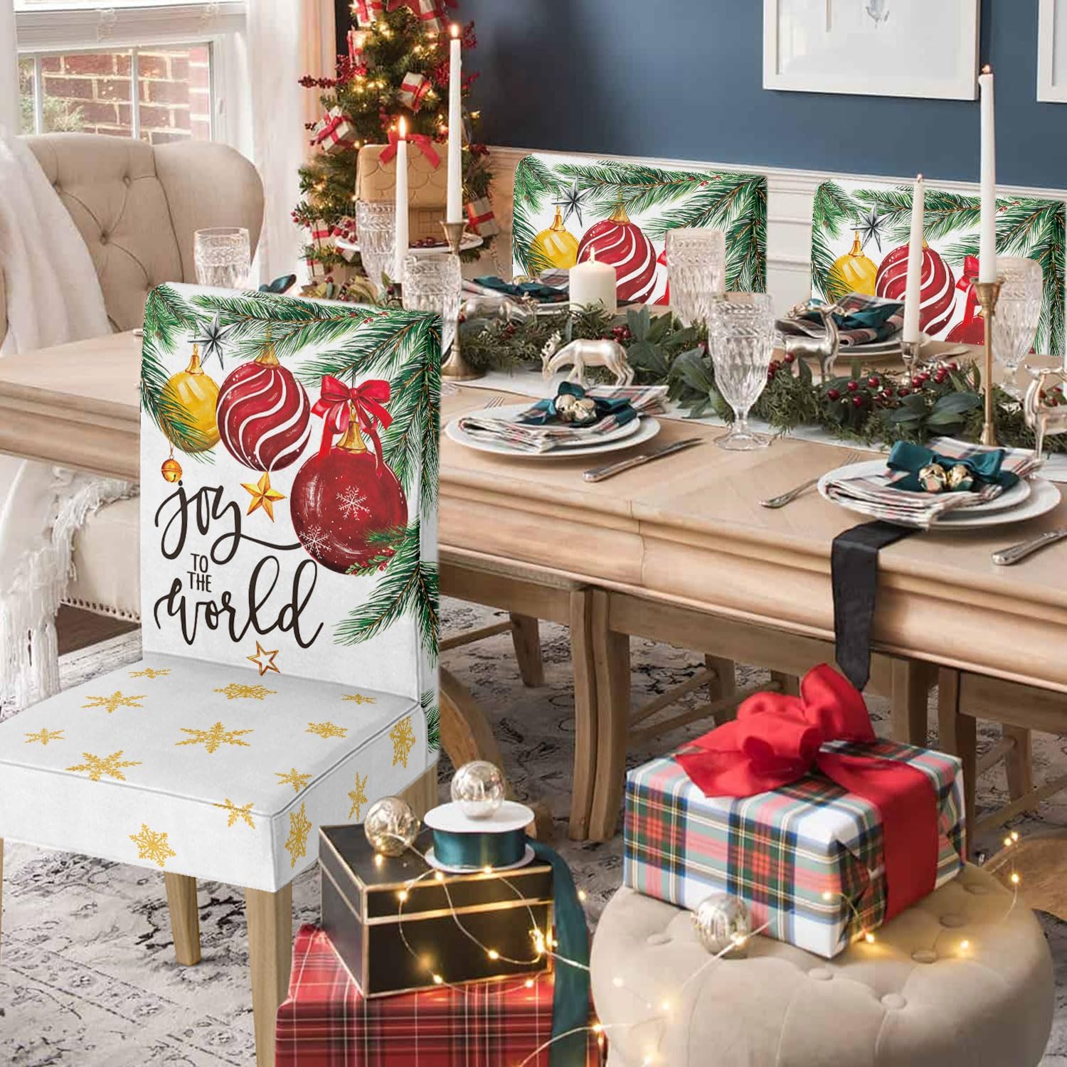 Horaldaily 6PCS Christmas Dining Chair Covers,Christmas Balls Stretch Removable Washable Slipcover Chair Protector for Dining Room Home Decor