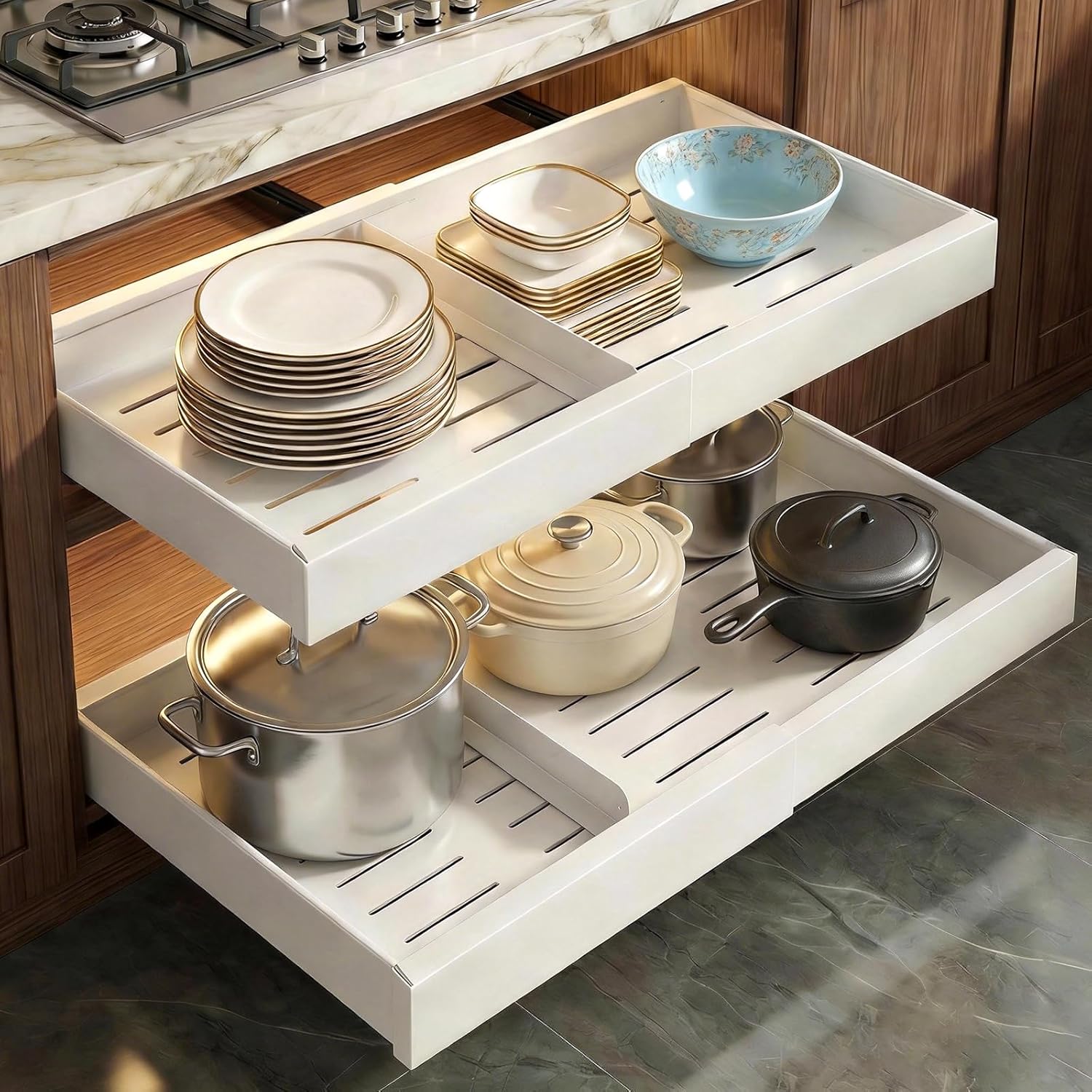 Expandable Pull Out Drawer for Cabinets, 21" Deep, Adjustable 12–20" Width – Magnetic Dividers, Optional Riser, Heavy-Duty 3-Rail Glide, No-Drill Roll-Out Shelf Organizer for Kitchen, White