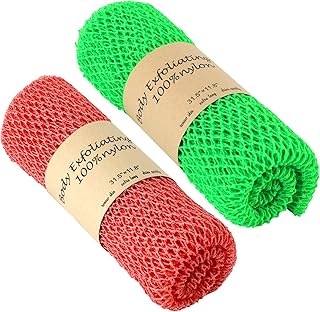 AbuQ 2 Pieces African net Sponge for exfoliating Body,African exfoliating net,African wash net,African Ghana loofah scrubbing washcloth rag,Pink；green,pink green,31.5inx11.6in