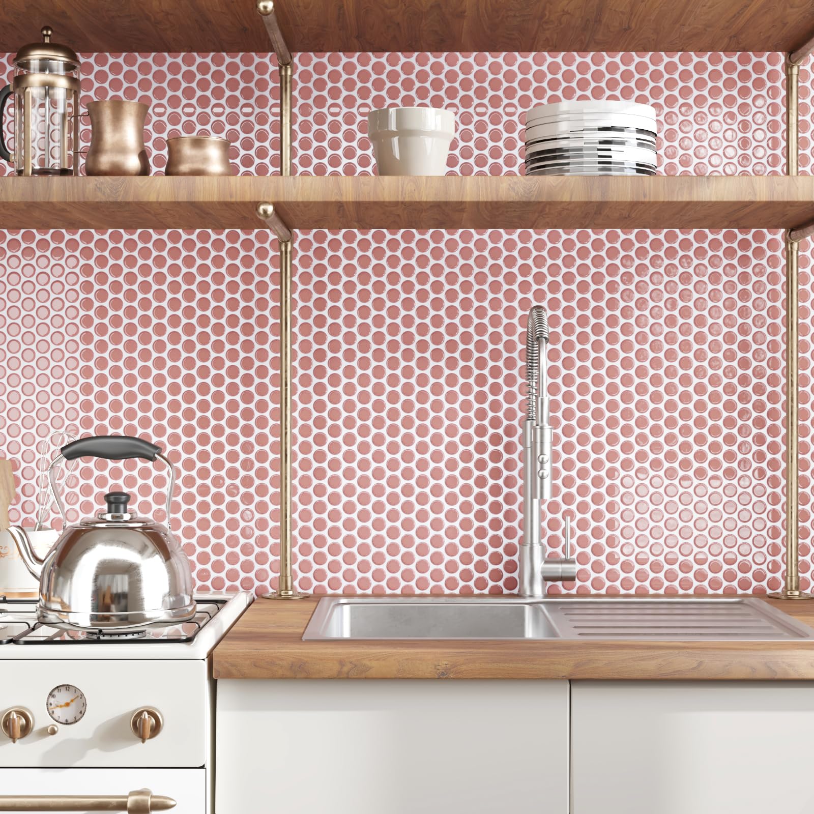 CRE8TIVE Azulejos Adhesivos Rosa Redondo 16 Piezas Vinilos Azulejos Autoadhesivo Mosaico Adhesivo Azulejos Adhesivos Cocina Moderno Cenefas Adhesivas Baño Impermeable Baldosas Lavadero 30.5 x 30.5cm