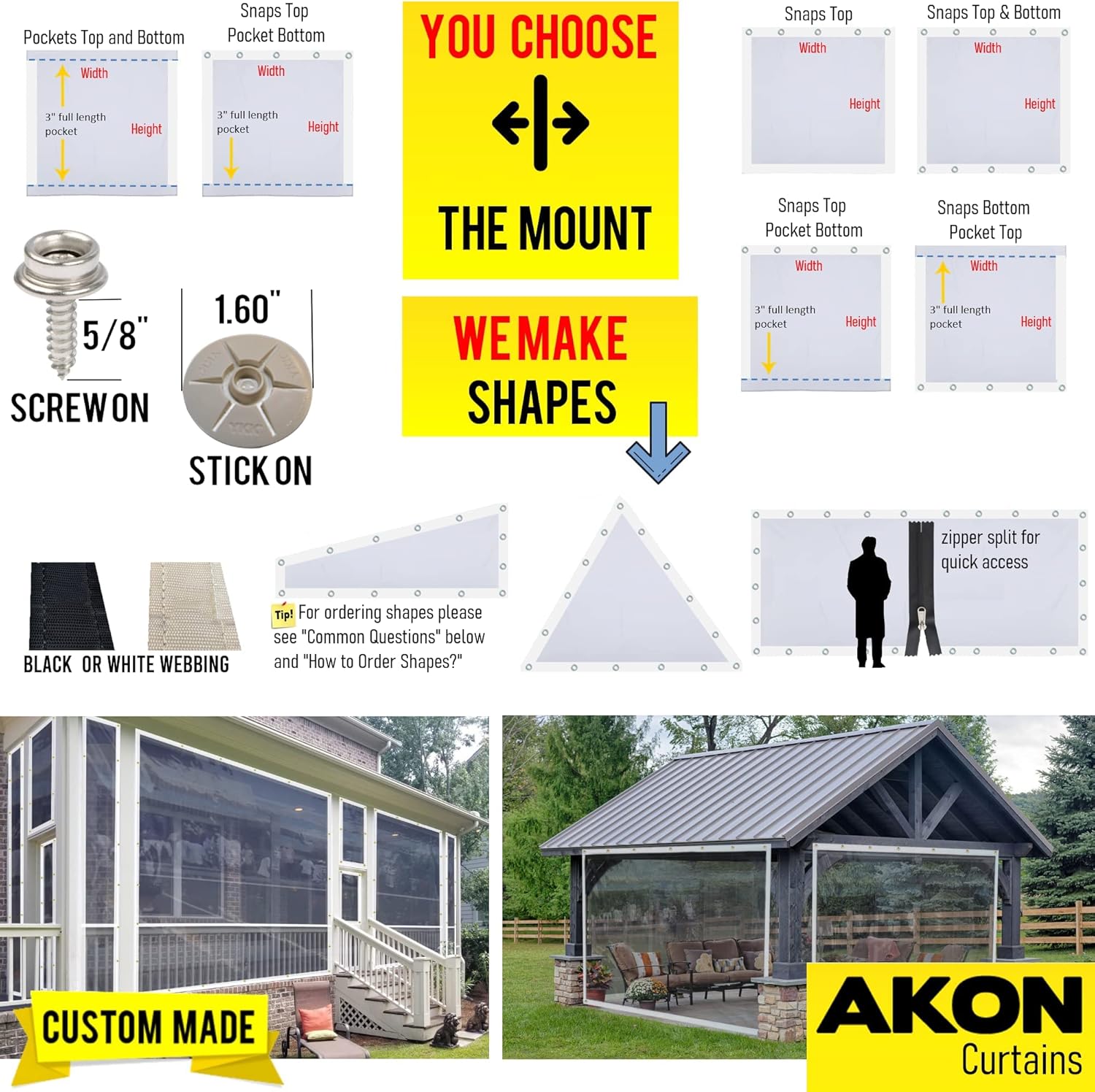 Akon Curtain Custom Clear Plastic Tarps with Snaps| Clear Vinyl with Door Access| Made to Order | Patios, Porch, Screen Rooms, Gazebos | Waterproof Tarpaulin