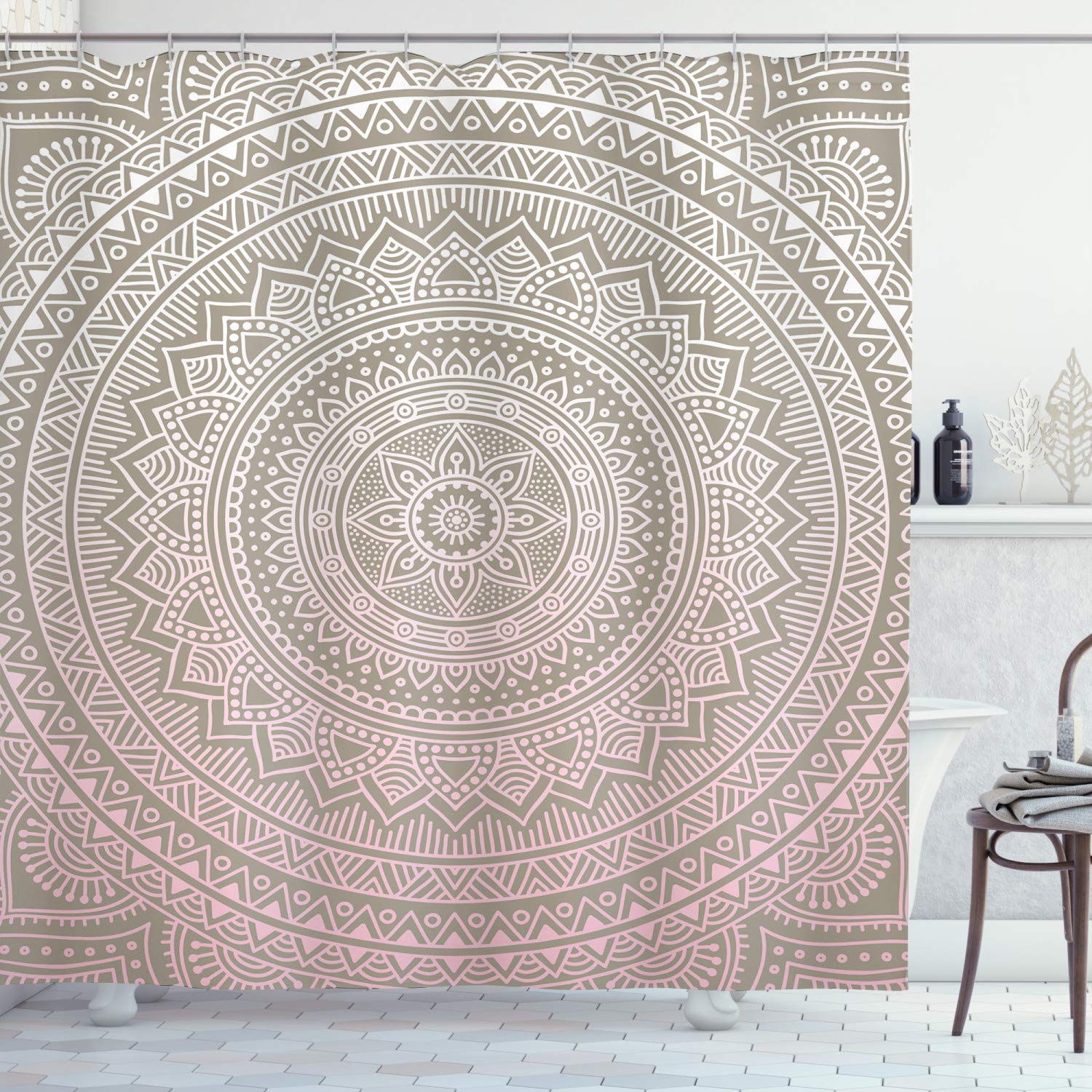 Ambesonne Mandala Shower Curtain, Bohemian Floral Medallion Design Folkloric Themes South Eastern Artwork Outline Illustration Print, Fabric Bathroom Decor Set with Hooks, 69" W x 70" L, Taupe Pink