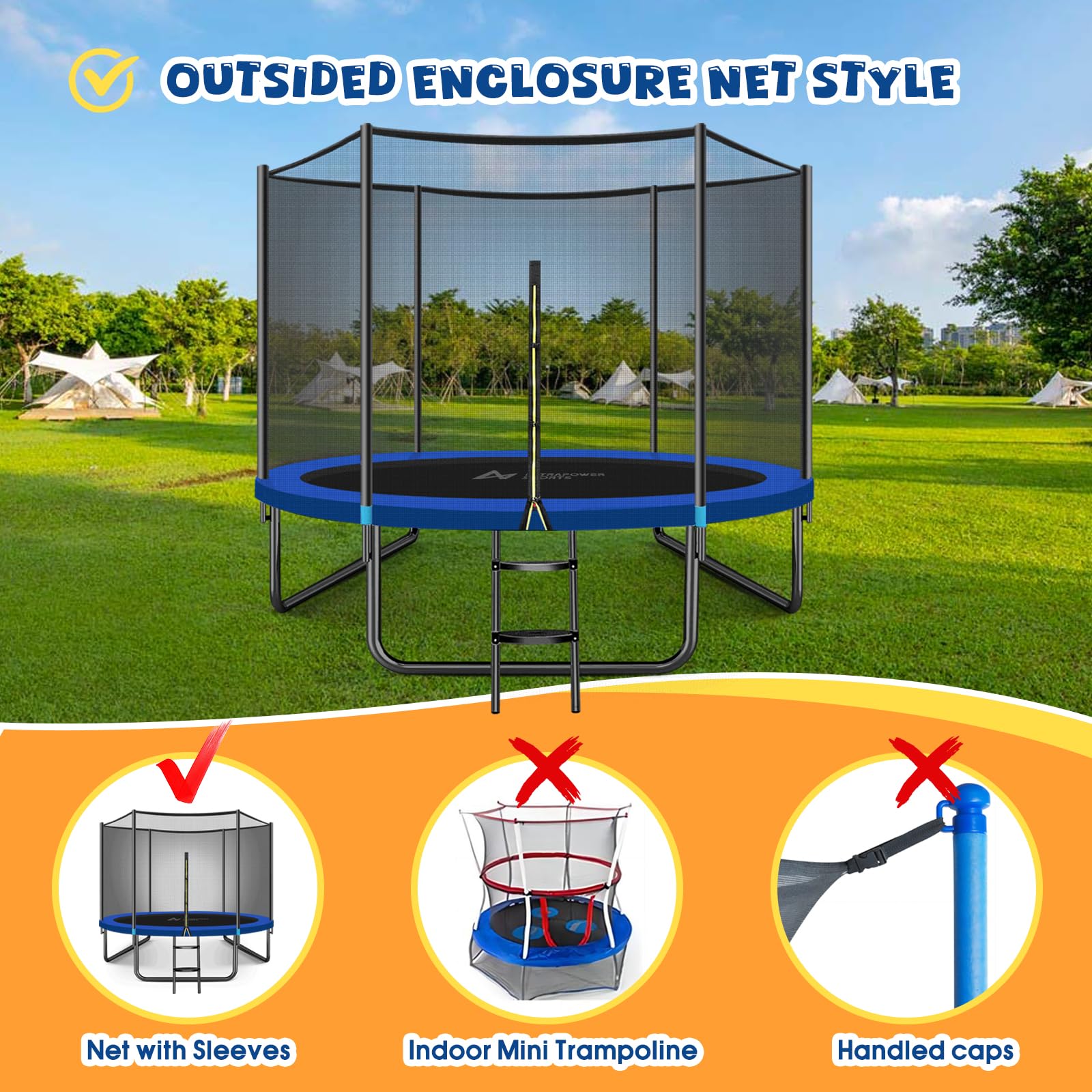 Filet De Sécurité Pour Trampoline – 244 à 430 Cm, Résistant UV, En PE, Avec Fermeture éclair, Pour 6 Ou 8 Barres