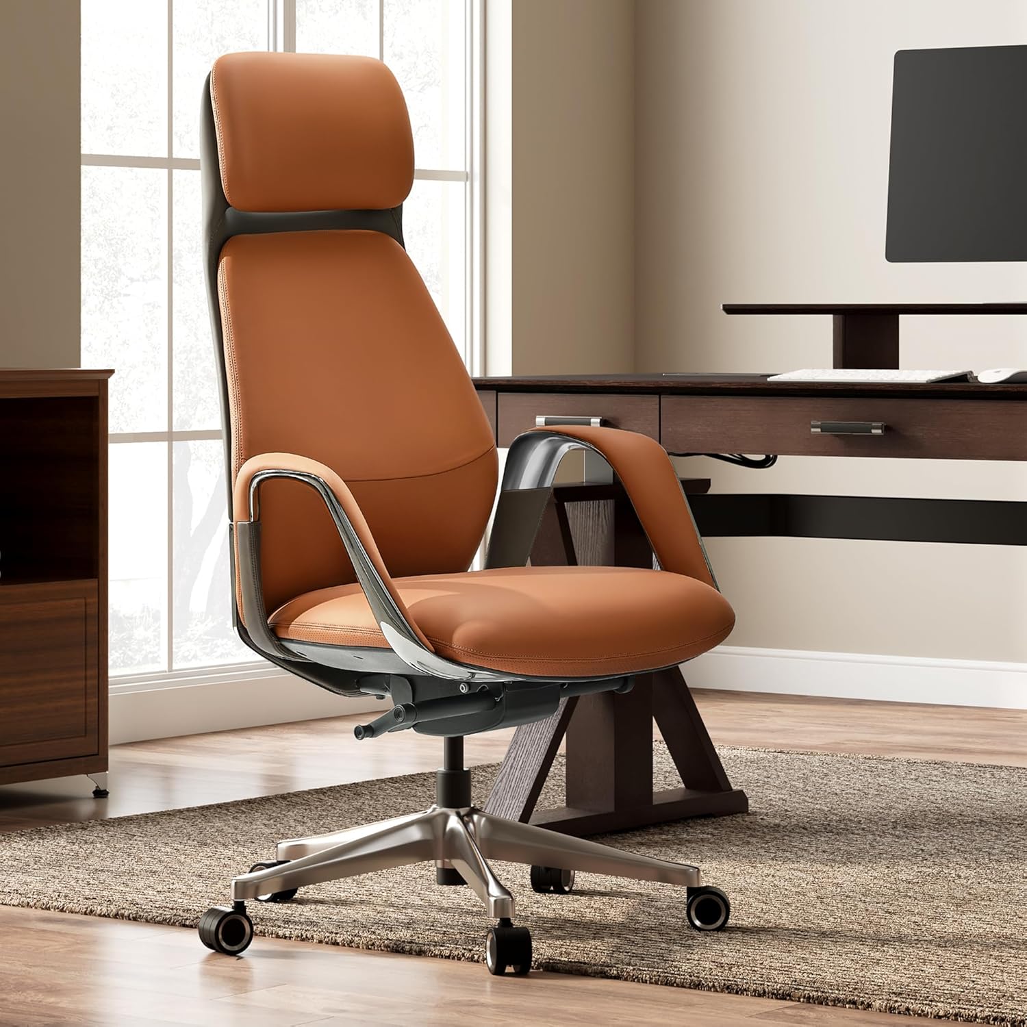 EUREKA ERGONOMIC Serene Executive Chair, Nappa Leather Office Chair with Aluminum Base, Ergonomic Recline & Lumbar Support for Long-Hour Work