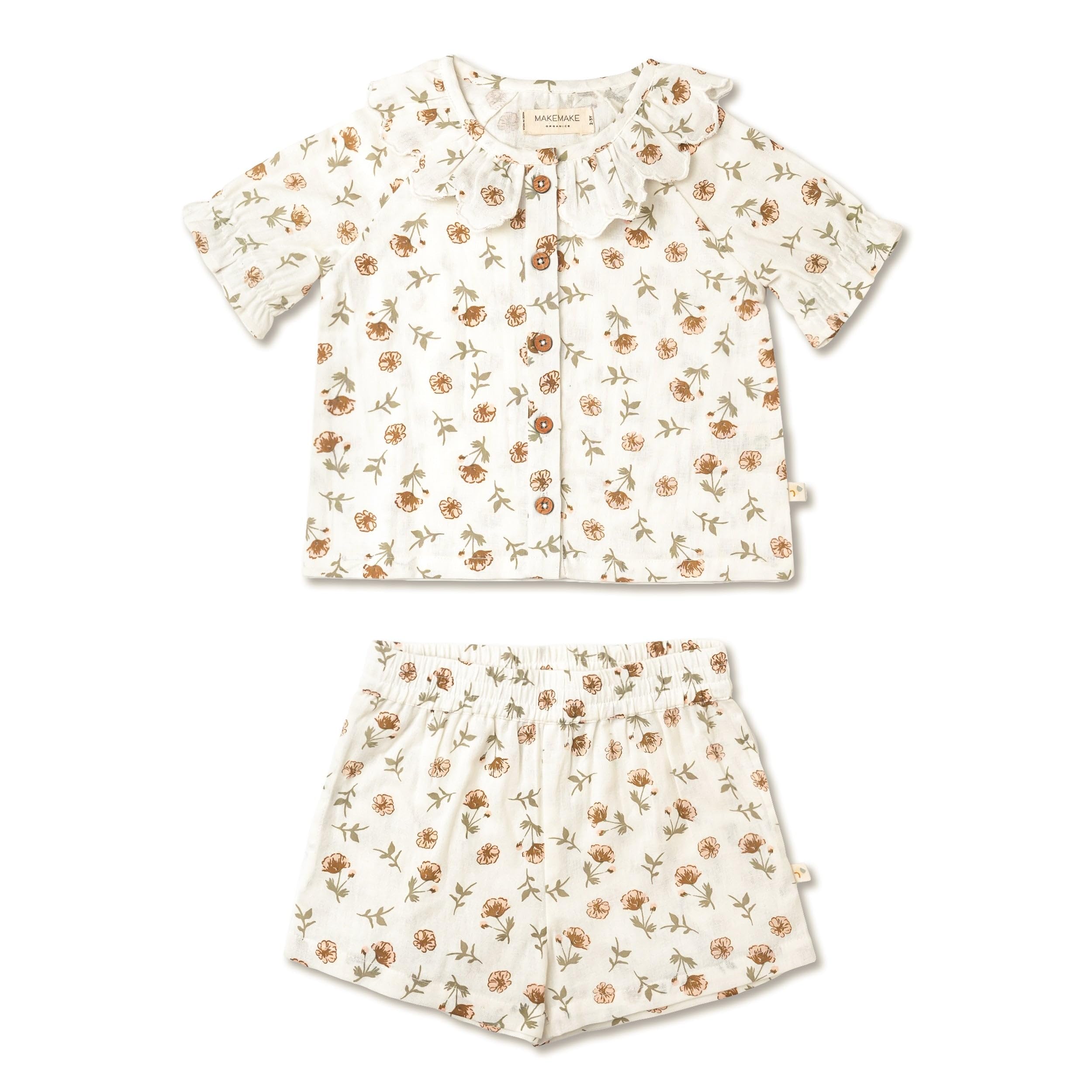 MakeMake Organics GOTS Certified Organic Cotton Baby Kids Toddler Girl Collared Puff Sleeve Top and Shorts Outfit Set