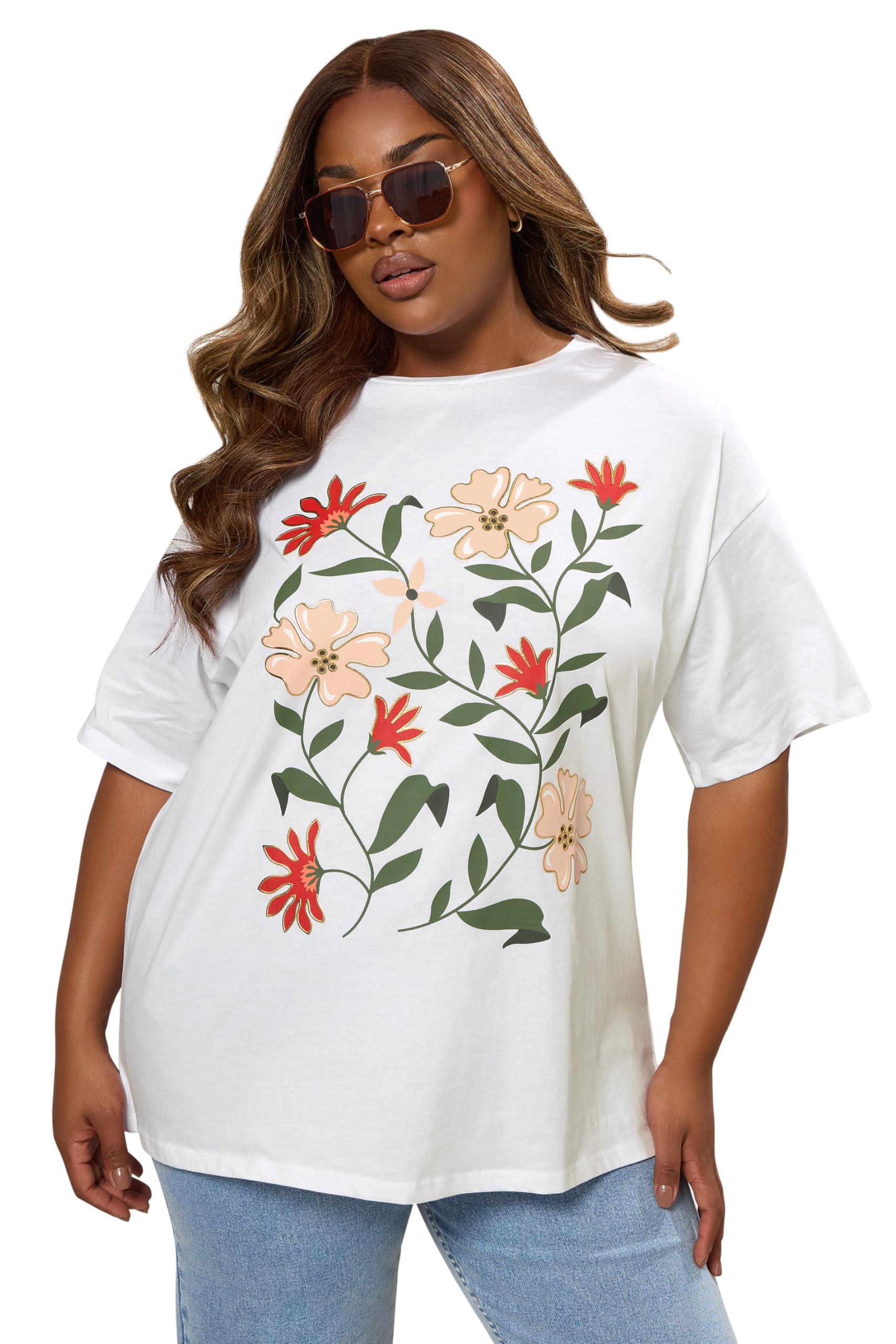Yours Women's White Floral Print Short Sleeve T-Shirt In | Size: 20