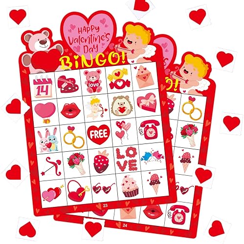 24 jugadores de San Valentín Bingo Juego de tarjetas de bingo para fiesta de San Valentín, juegos de aula, actividades escolares y familiares