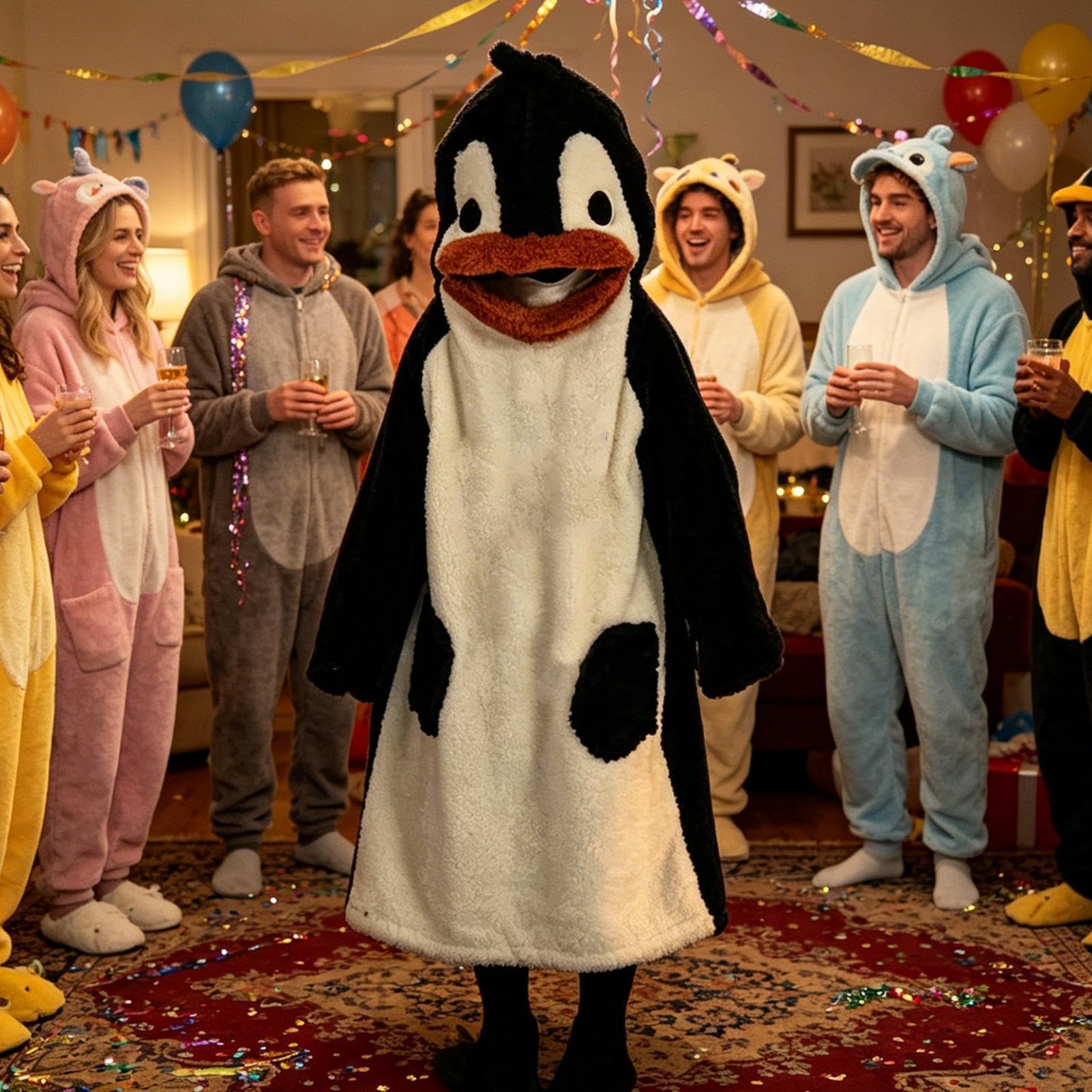 Felpa oversize – Morbido pigiama a forma di animale con maniche e scarpe, felpa con cappuccio a pinguino, tuta intera in pile, accogliente costume cosplay per donne, uomini, bambini, casa, soggiorno
