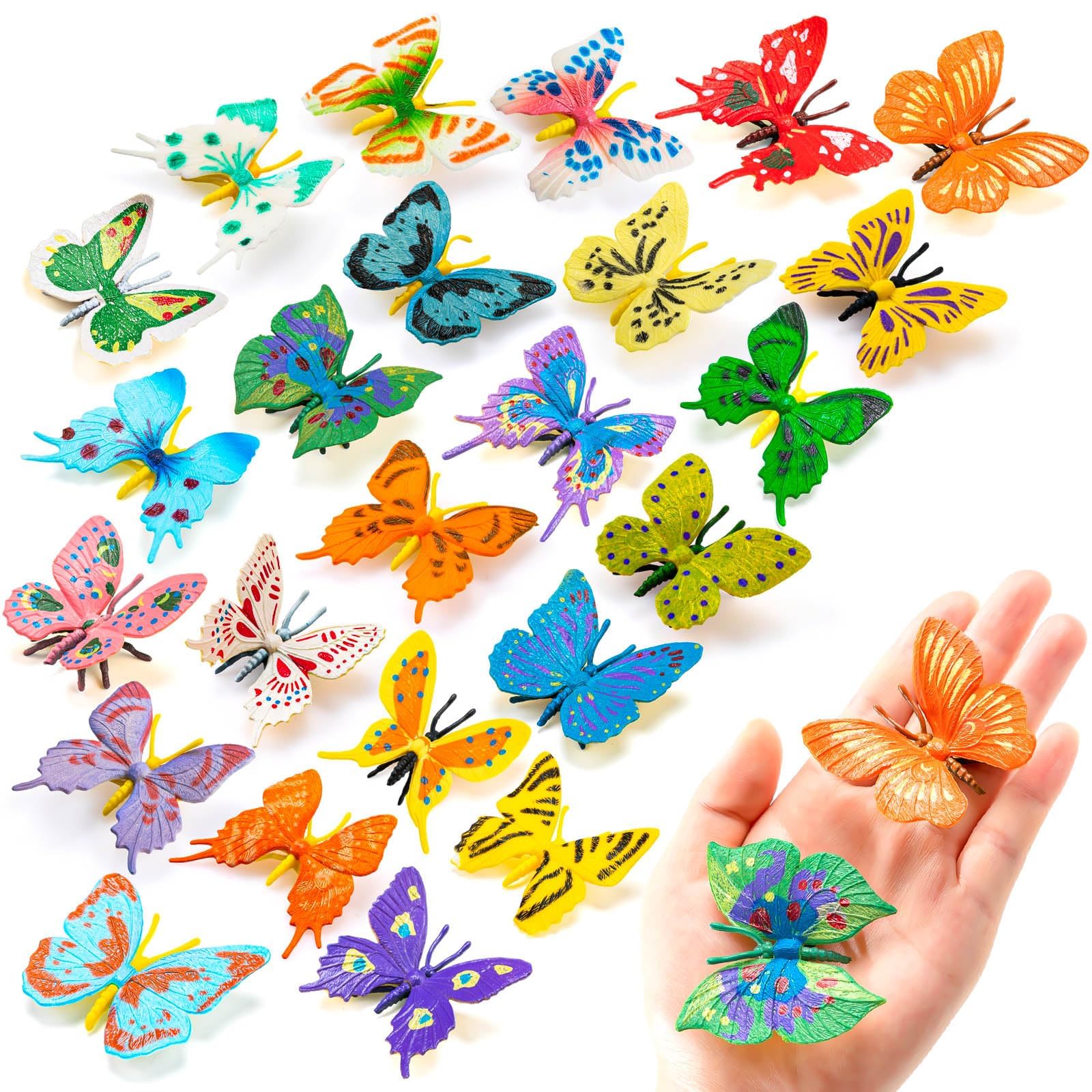 24 PCS Plastic Butterflies Toy, Butterfly Action Figures Art Toys, 24 Styles Colorful Lifelike Interactive Butterfly Decoration for Kindergarten, School Education and Animal Themed Party Decor