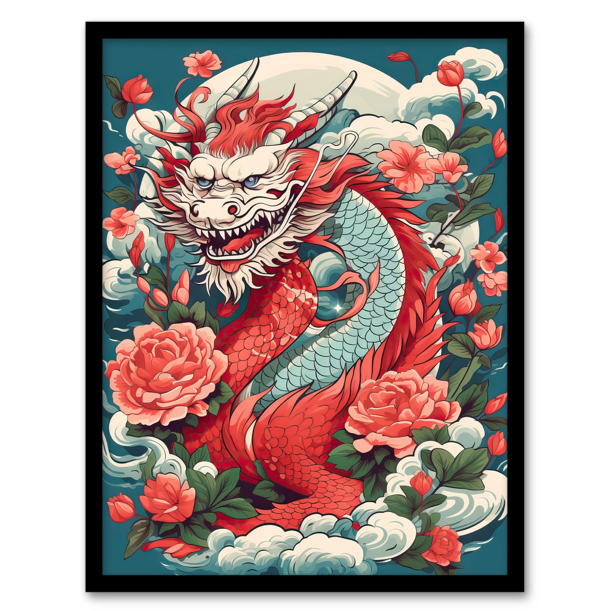 Artery8 Fantasy Horned Dragon Flowers Clouds Scales 2024 Chinese Year Of The Dragon Artwork Framed Wall Art Print 18X24 Inch