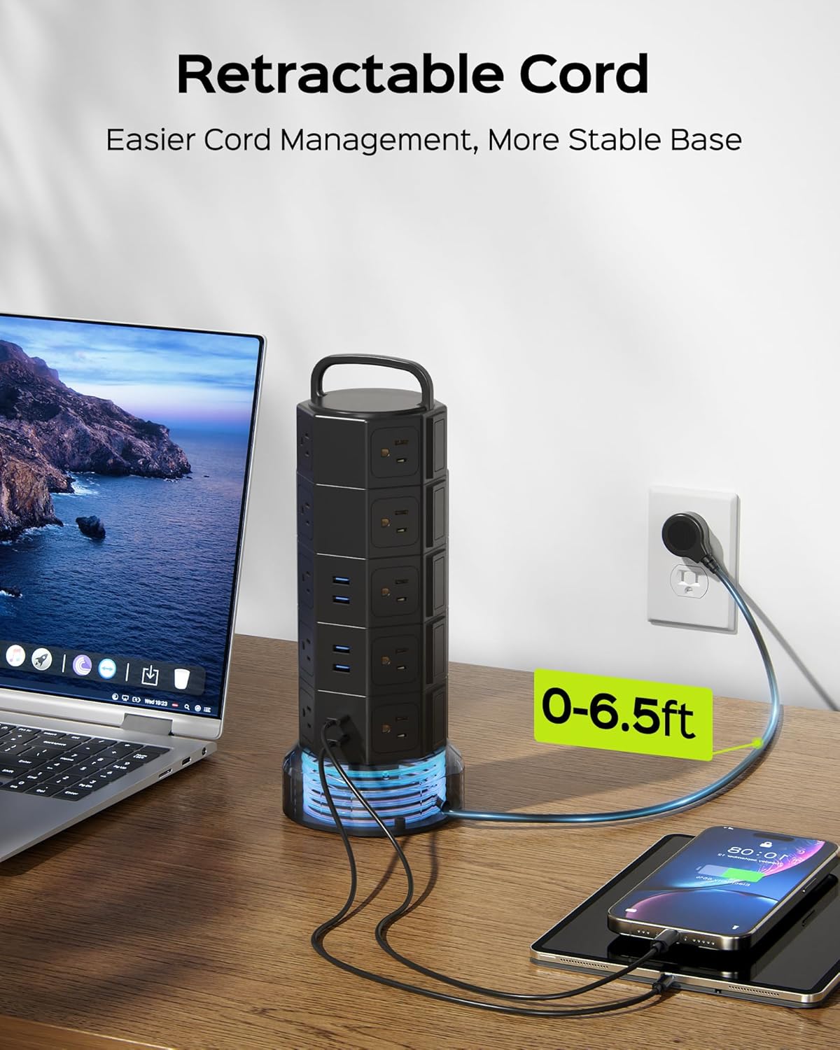 Image showing the retractable cord feature of the power strip tower
