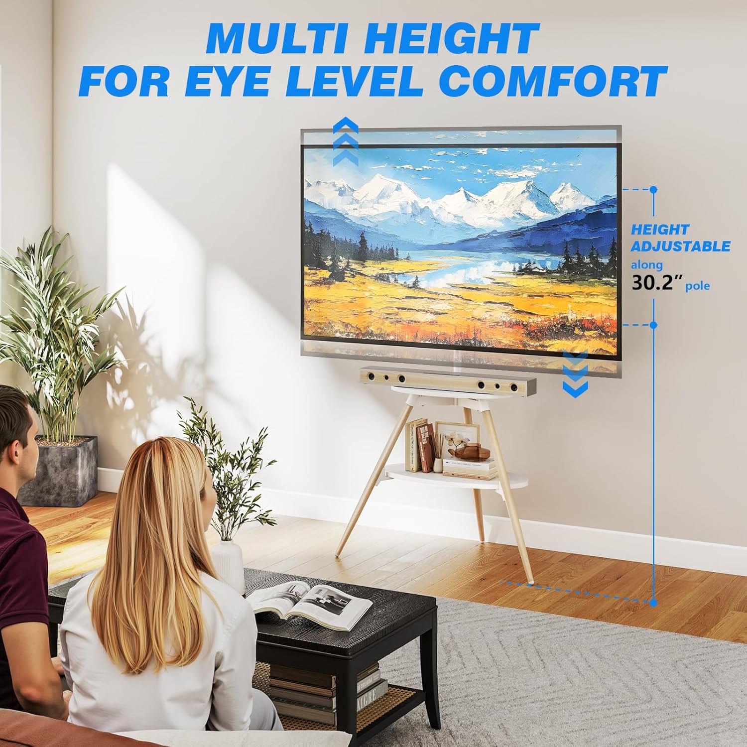 Image demonstrating the multi-height adjustment feature of the Rfiver Easel TV Stand, allowing for optimal eye-level viewing.