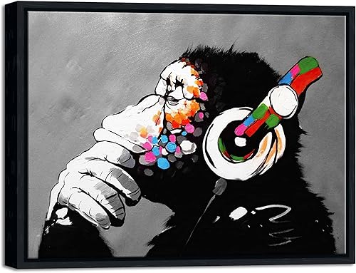 Wieco Art Marco Negro Mono con Auriculares Banksy Arte de Graffiti Abstracto Pinturas en Lienzo Impresiones Arte de Pared en Lienzo de Animales para