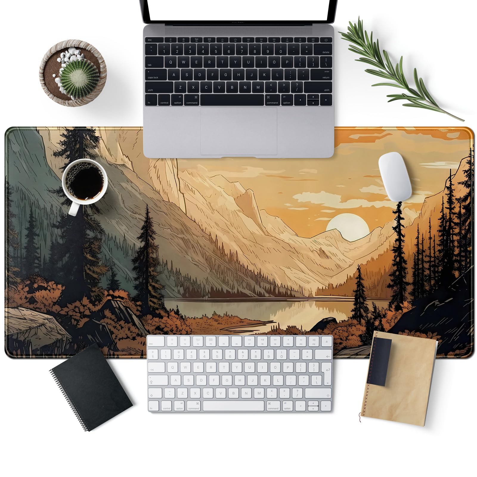 Tapete de escritorio con diseño de montañas de puesta de sol, tamaño XXL, extendido, para juegos, paisaje, grande, para computadora, laptop, escritorio, teclado, decoración de escritorio, 31.5 x 15.7