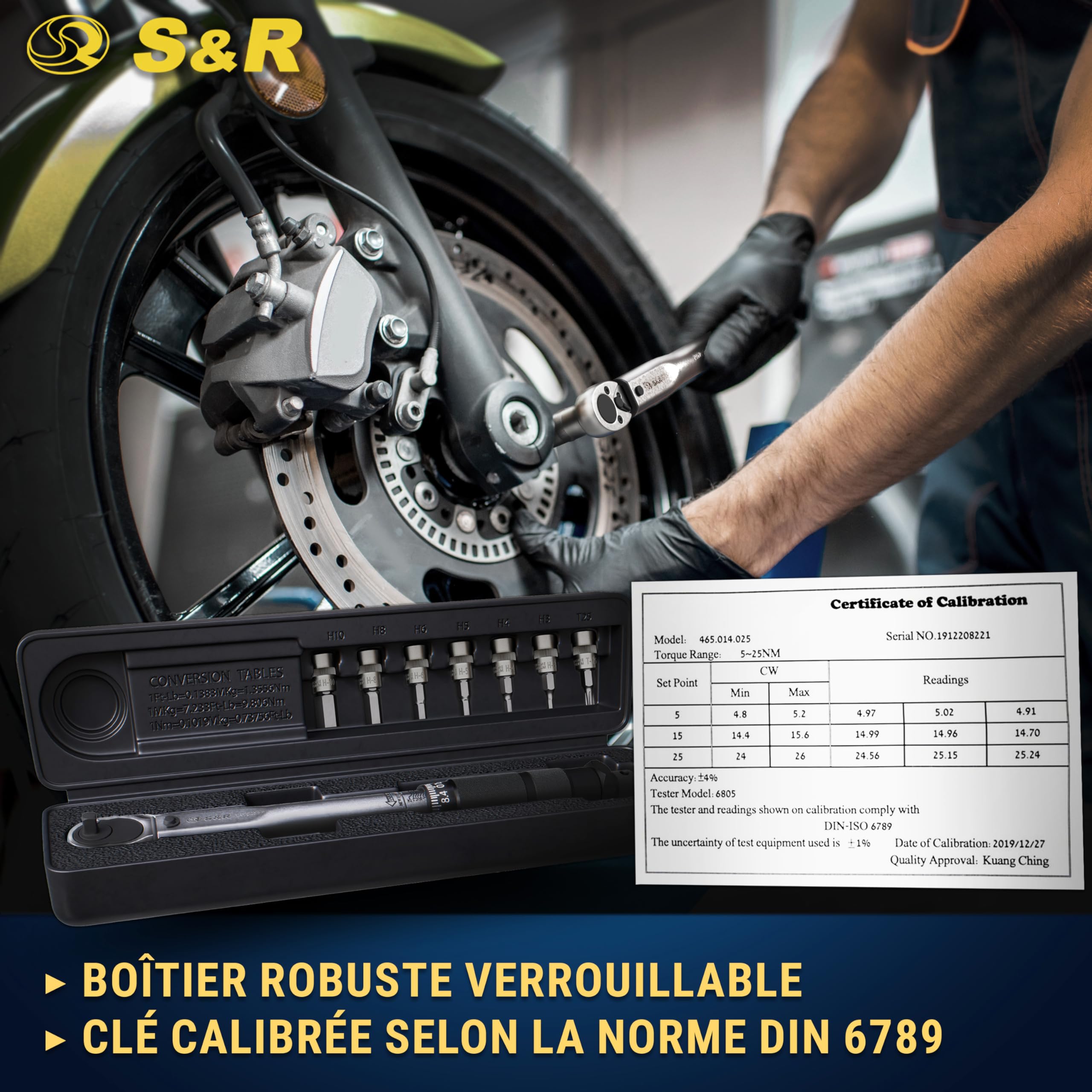 S&R Clé Dynamométrique 1/4 Vélo Moto (5-25Nm) 27.2 cm. Coffret Clé avec 7 Douilles Allen Torx : H10, H8, H6, H5, H4, H3, T25 en Acier C-V. Set Professionnel et Complet