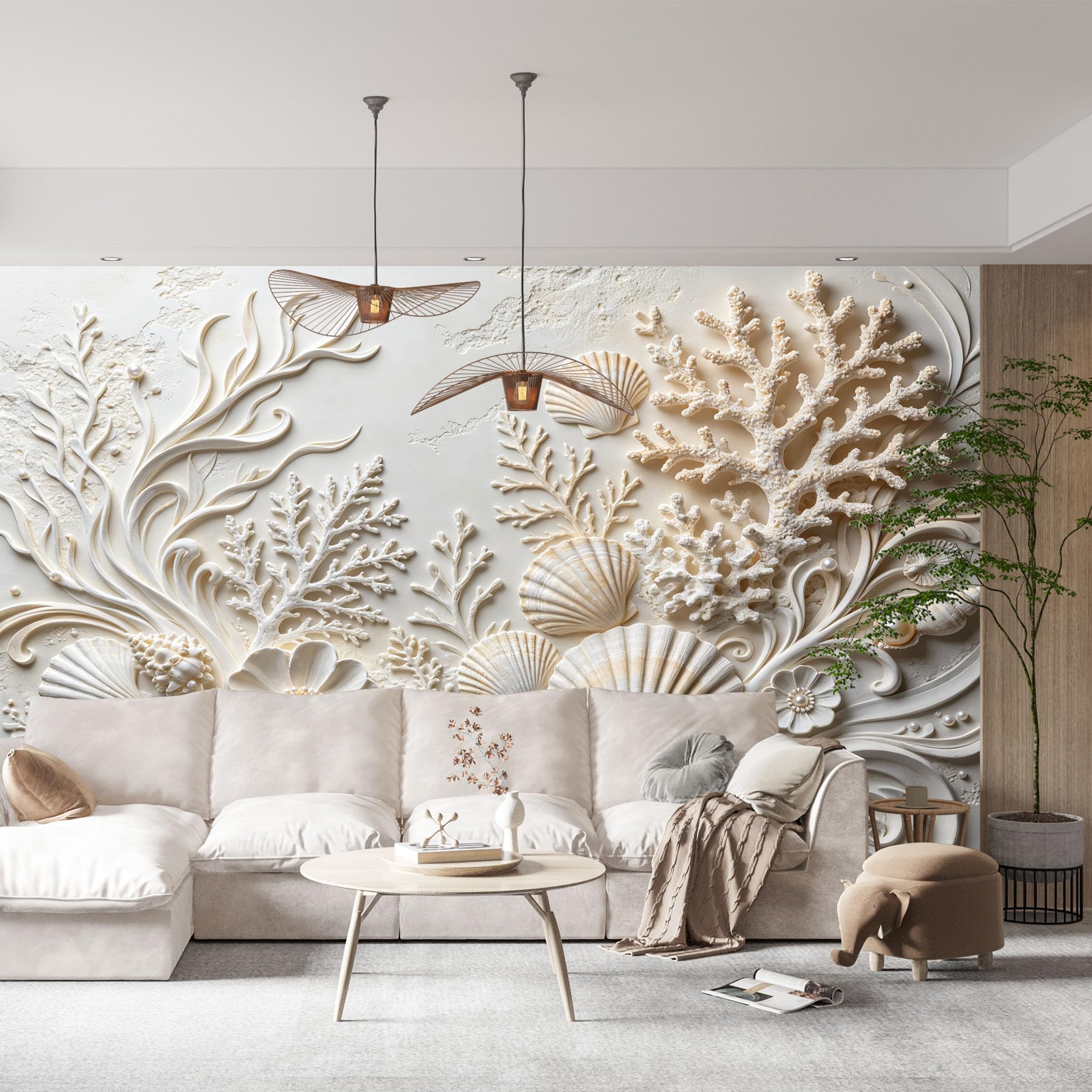 Fototapeta 3D z muszlą koral i perła ocean koral tekstura tapeta z włókniny luksusowy styl wybrzeża sztuka fototapeta 350 x 256 cm kremowa biała tapeta ścienna do salonu sypialni akcent ściana ocean