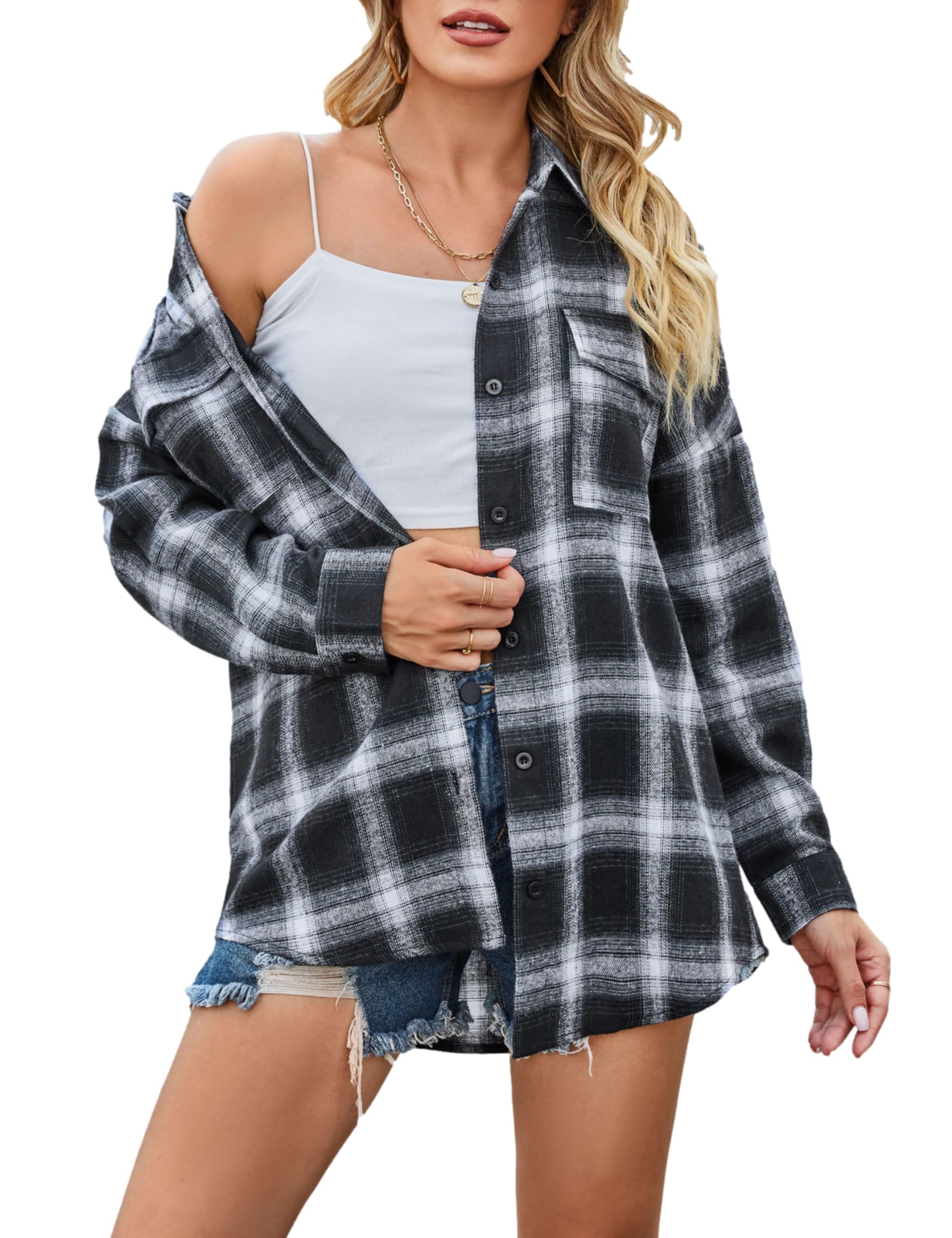 Zontroldy Camisa de franela a cuadros para mujer, de gran tamaño, ligera, con botones