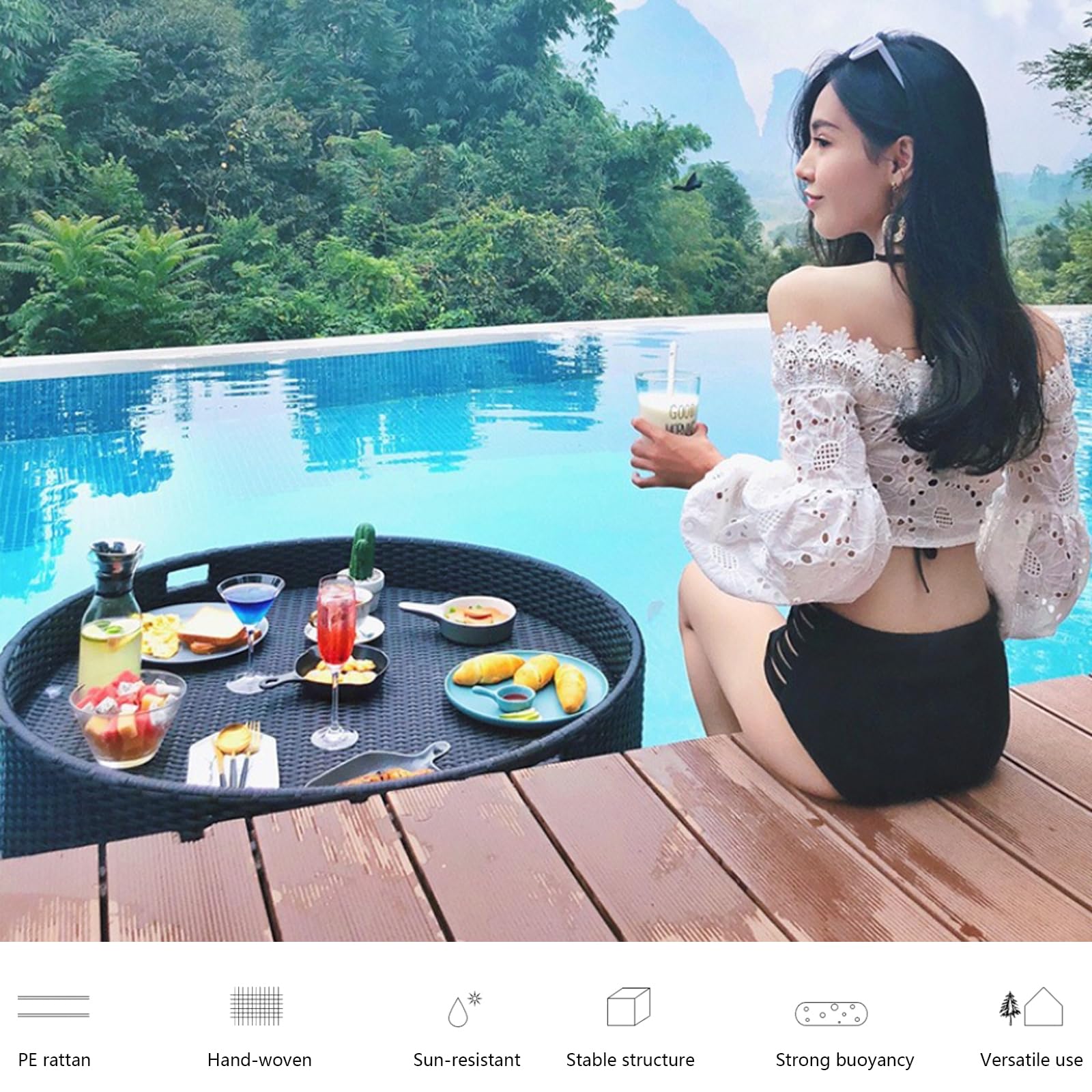 Vassoio galleggiante per piscina, tavolo da biliardo galleggiante in rattan, vassoio multifunzionale per servire cibo per piscine termali e feste estive in piscina, caffè, marrone a forma di cuore, 80