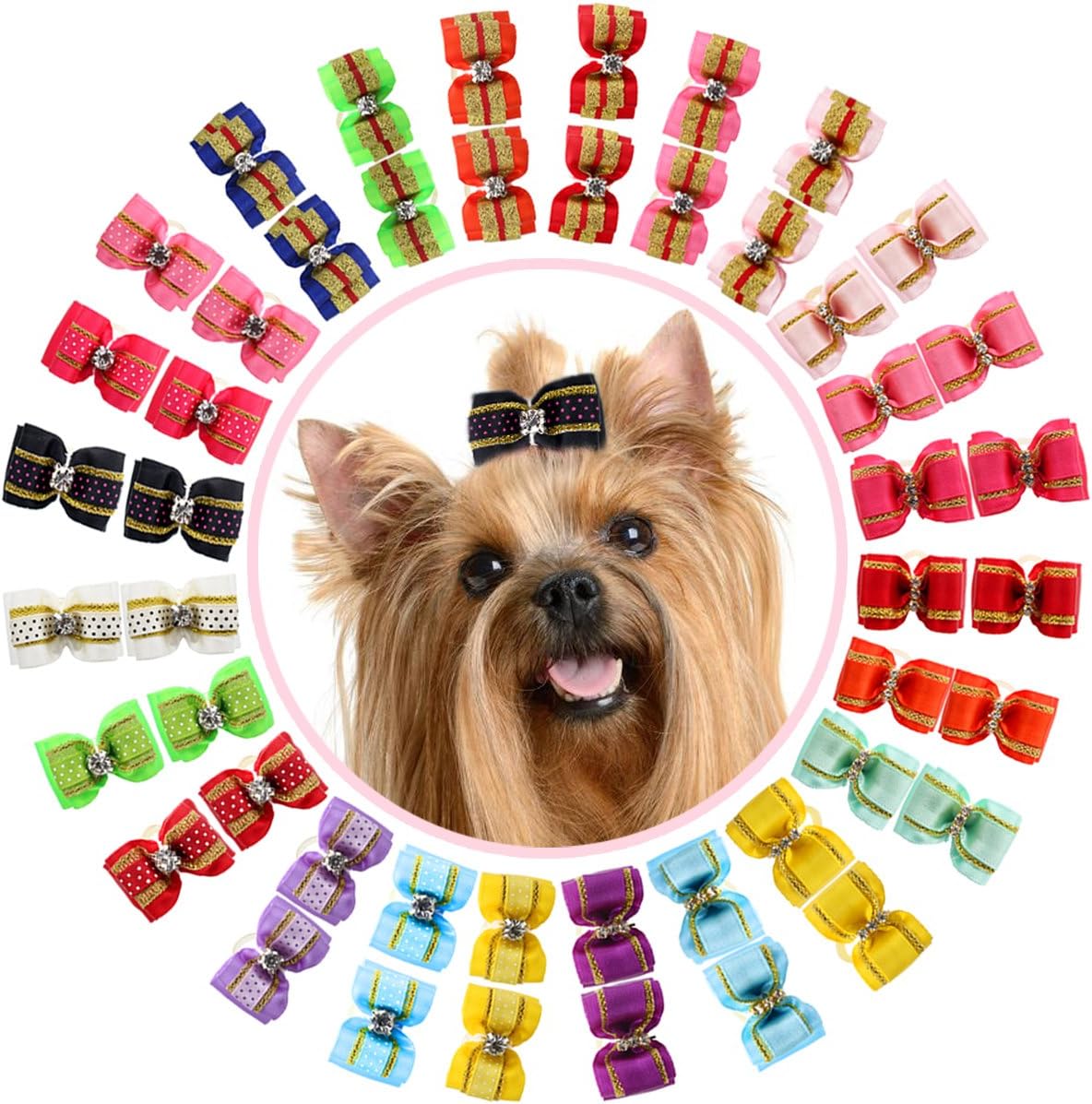 HOLLIHI 48 pcs/24 Pairs Adorable Grosgrain Ribbon Pet Dog Hair Bows with Elastic Rubber Bands - Doggy Kitty Bowknots Topknot Grooming Accessories Set for Long Hair Puppy Cat