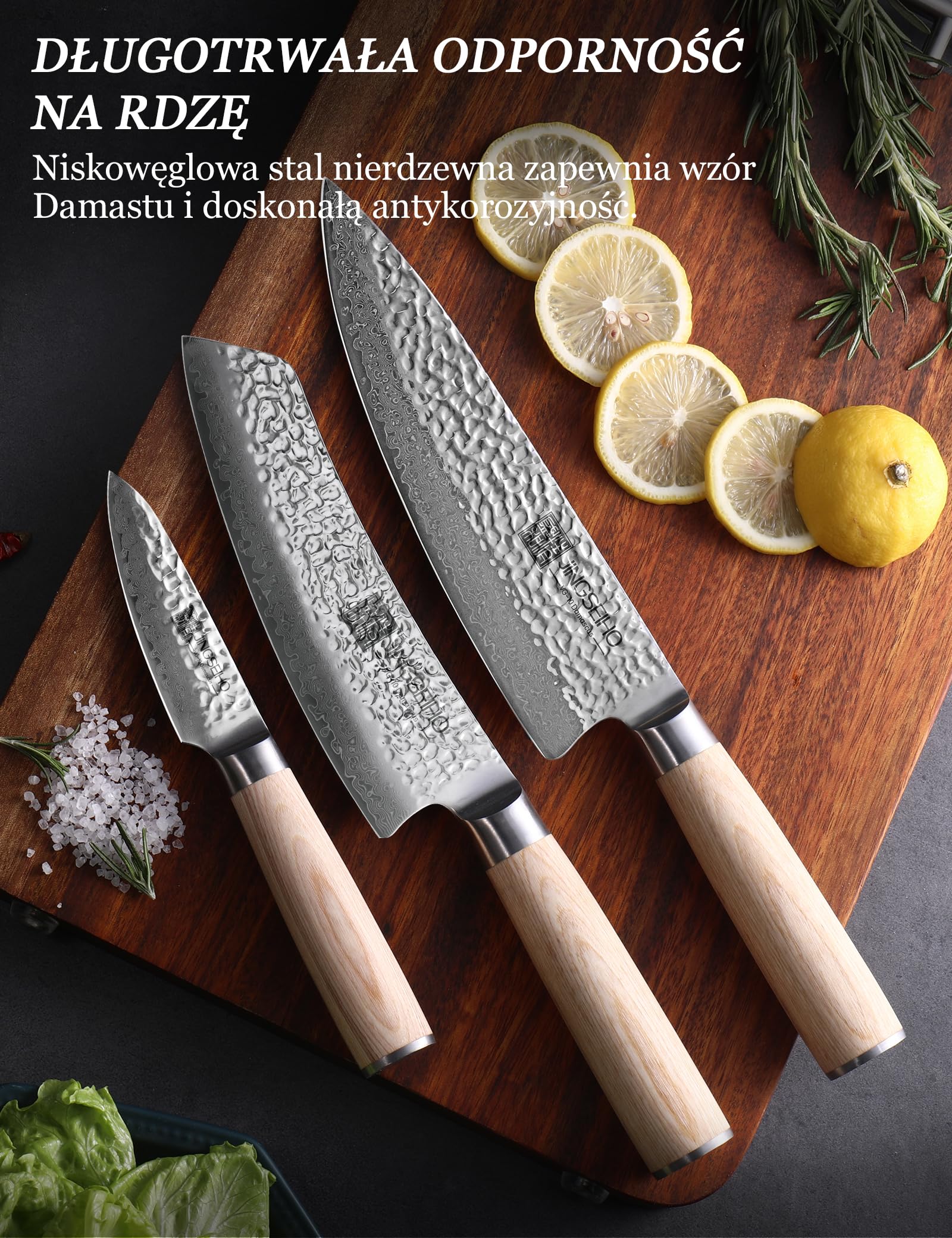 Jingseiho Zestaw Noży Damasceńskich - Stal Kuta VG-10 67 Warstw, Włączając Nóż Szefa Kuchni, Santoku i Nóż do Obierania, Wytrzymałe Noże Kuchenne dla Domu