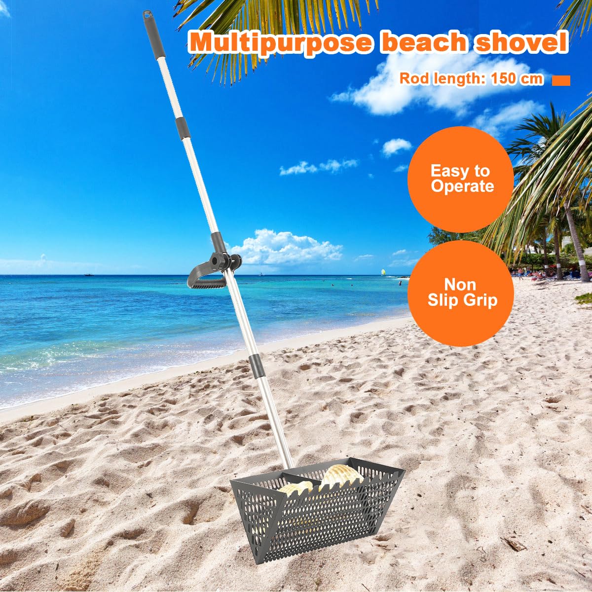 Râteau de plage,Râteau à puces de sable, pelle à sable de plage en acier inoxydable avec large panier, râteau à long manche détachable pour peigner la plage, tamiser le sable et chasse au, Noir