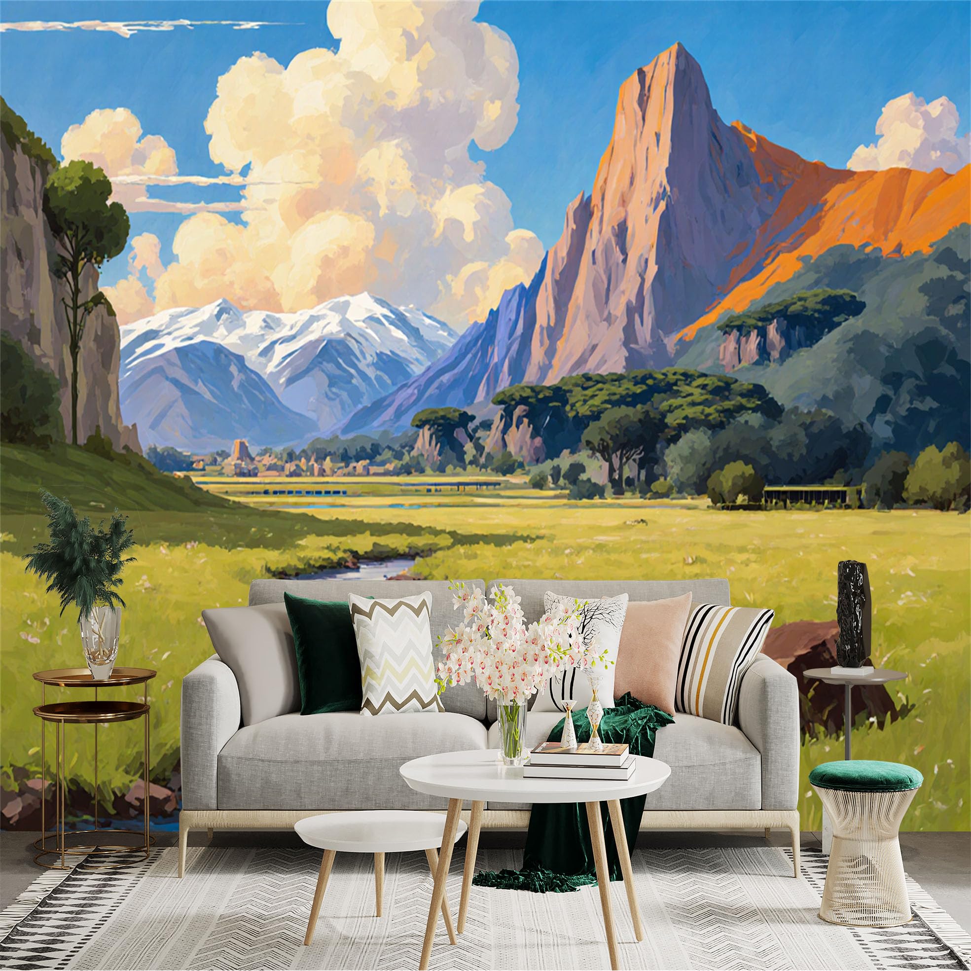Custom Size Wall Sticker Mural， Mountain Landscape with River， Green Valley and Snow Peaks， for wall Decoration， peelandstick wall Decals.