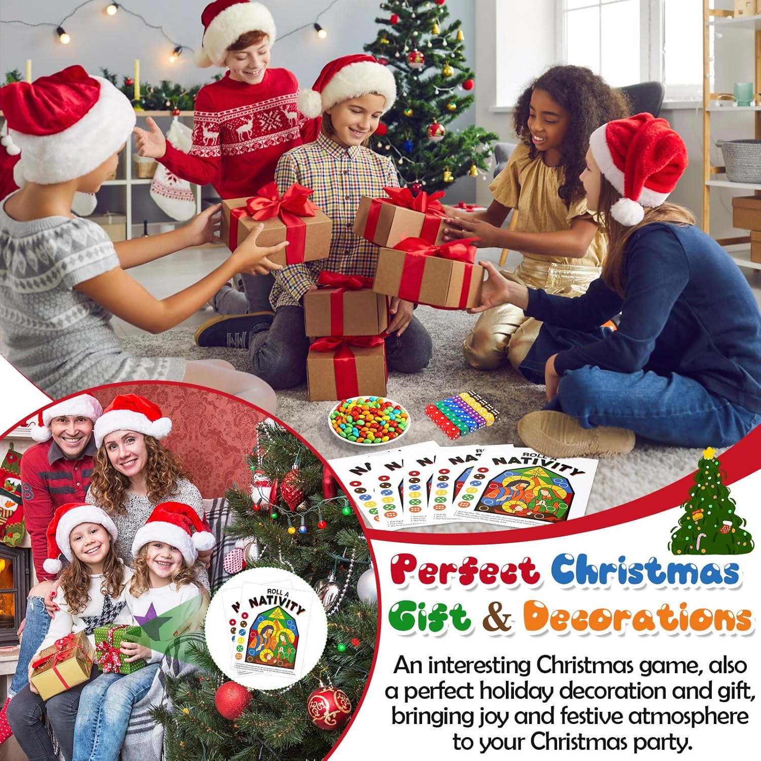 Sotiff 30 Set Nativity Christmas Dice Game Christmas Party Game an Exchange Dice 30 Nativity Jesus Cards 30 Rainbow Color Dices for Church Sunday School Classroom Religious Activities
