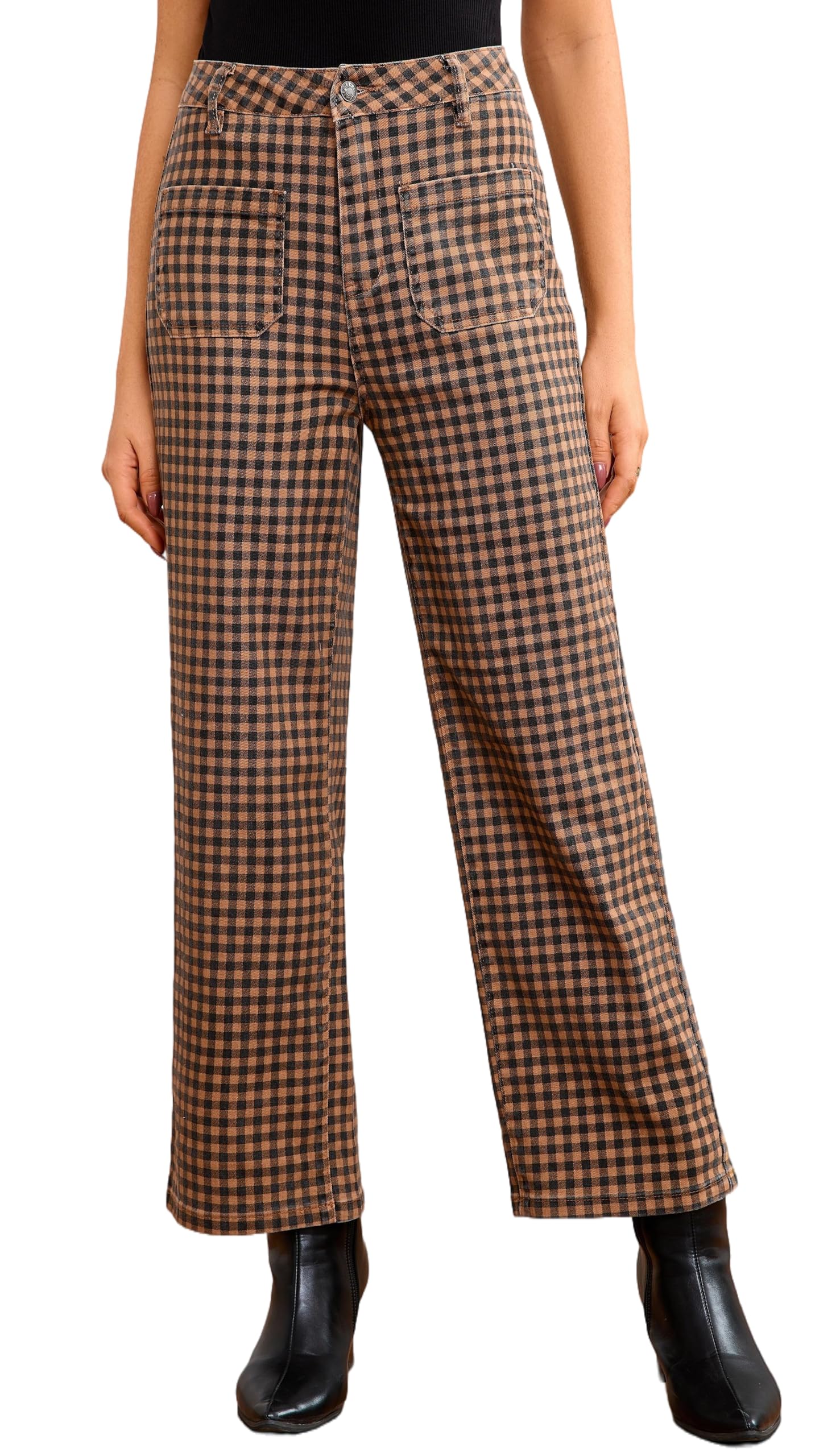 Wide Leg Denim Pants for Women High Waist Stretchy Plaid Jeans Casual Loose Fit Gingham Trousers with Pockets