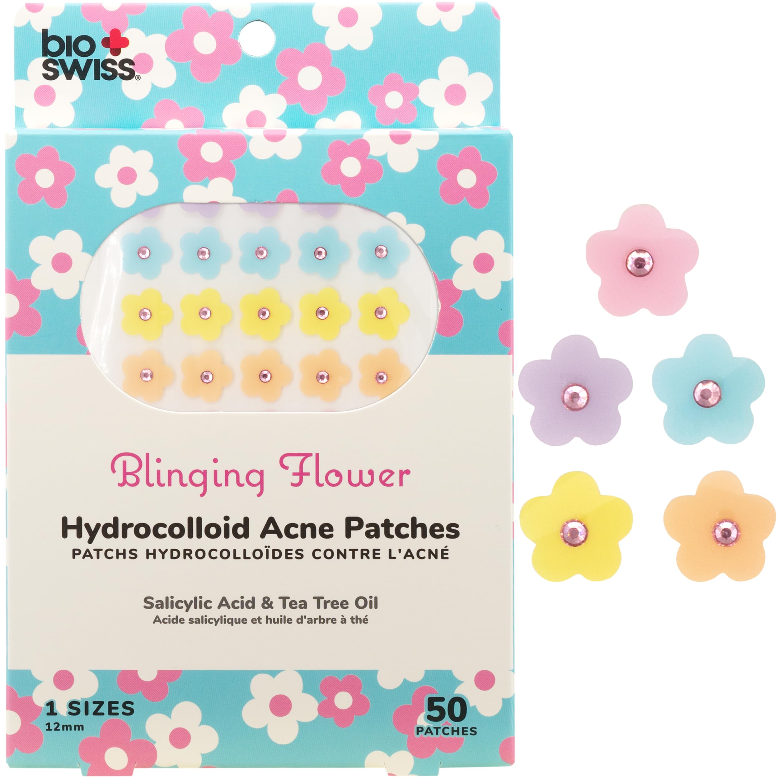 BioSwiss Pimple Patches Blinging Flowers Patch for Zits and Blemishes Hydrocolloid Spot Stickers for Face and Skin 50