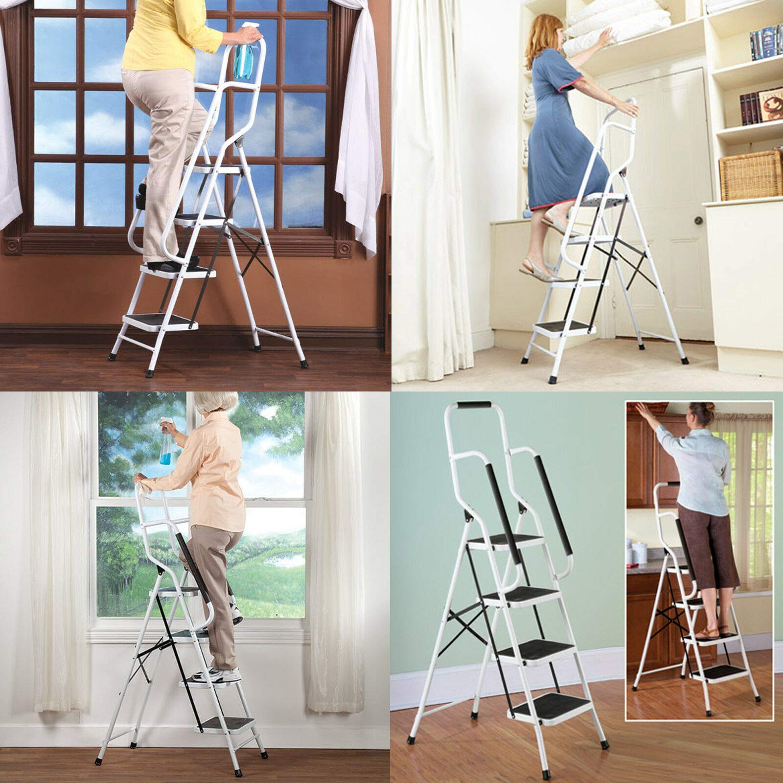 Huini Marchepied pliable 4 marches en acier avec main courante Pour la maison, la cuisine, le bureau