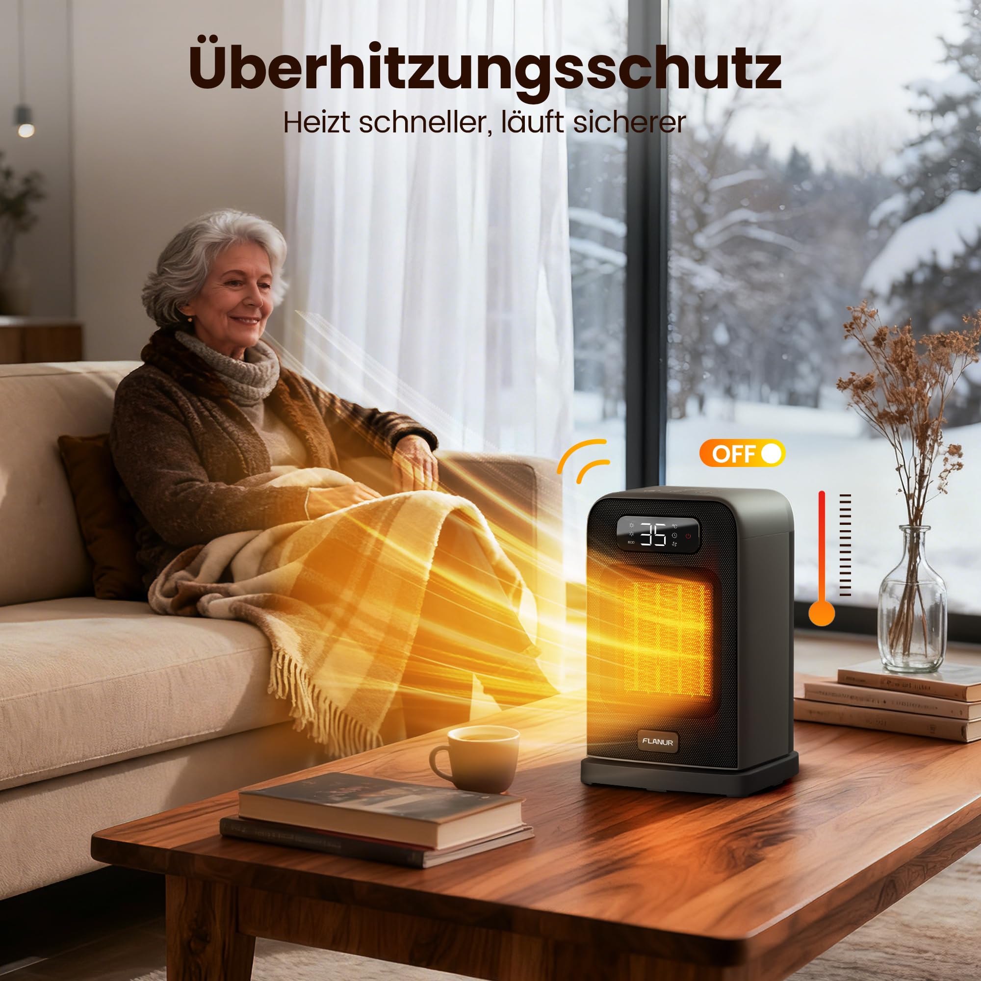 Heizlüfter Energiesparend, 1500W PTC Keramik Heizlüfter Leise, 26cm Elektroheizung mit Thermostat & Fernbedienung, ECO Modus, 70° Oszillation, 12h Timer, Überhitzungs-Kippschutz- Schwarz