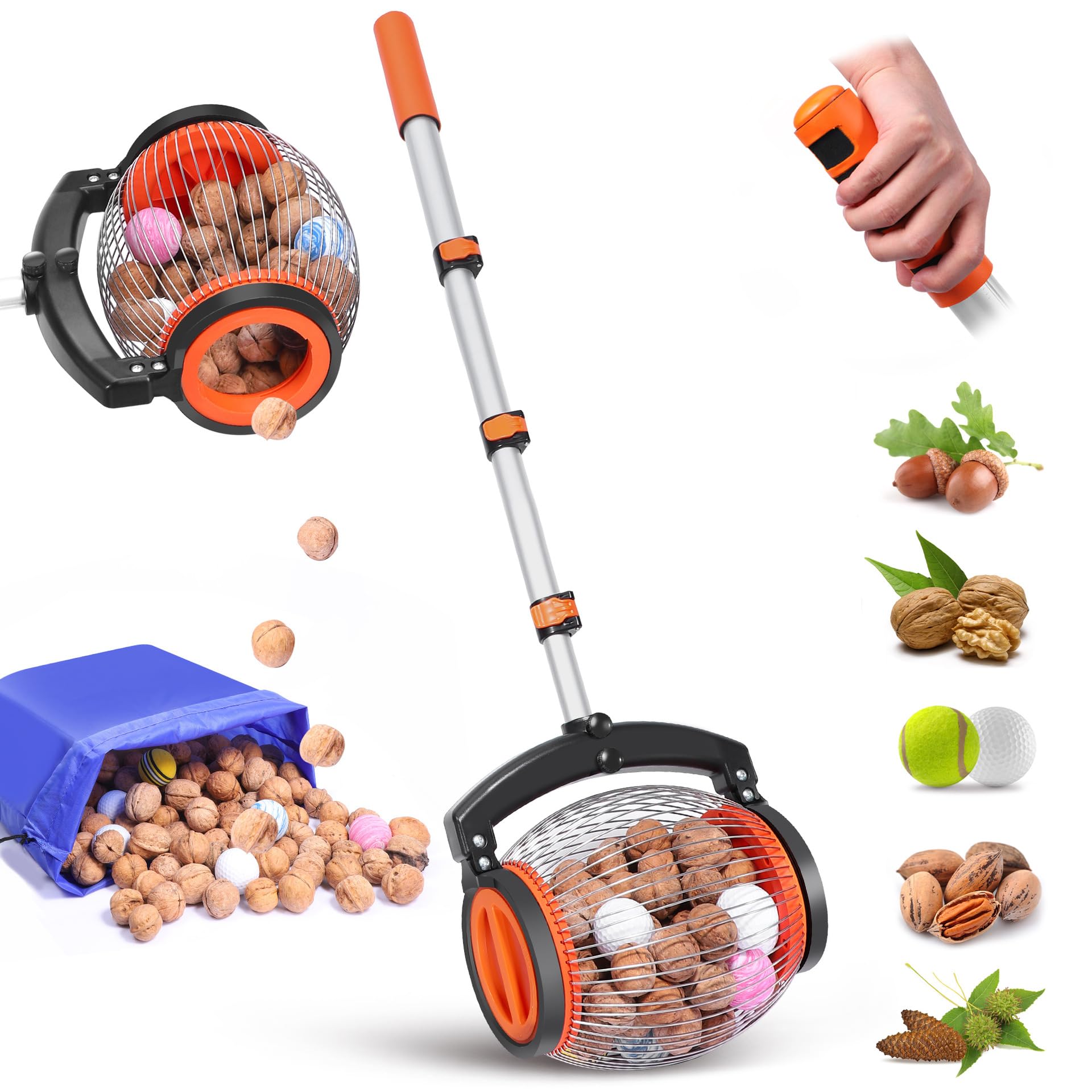 Rouleau collecteur de noix pour jardin avec ouverture à marchepied - Facile à nettoyer - Manche ergonomique réglable - Pour noix, glands, châtaignes, balles de golf (capacité de 1 gallon)